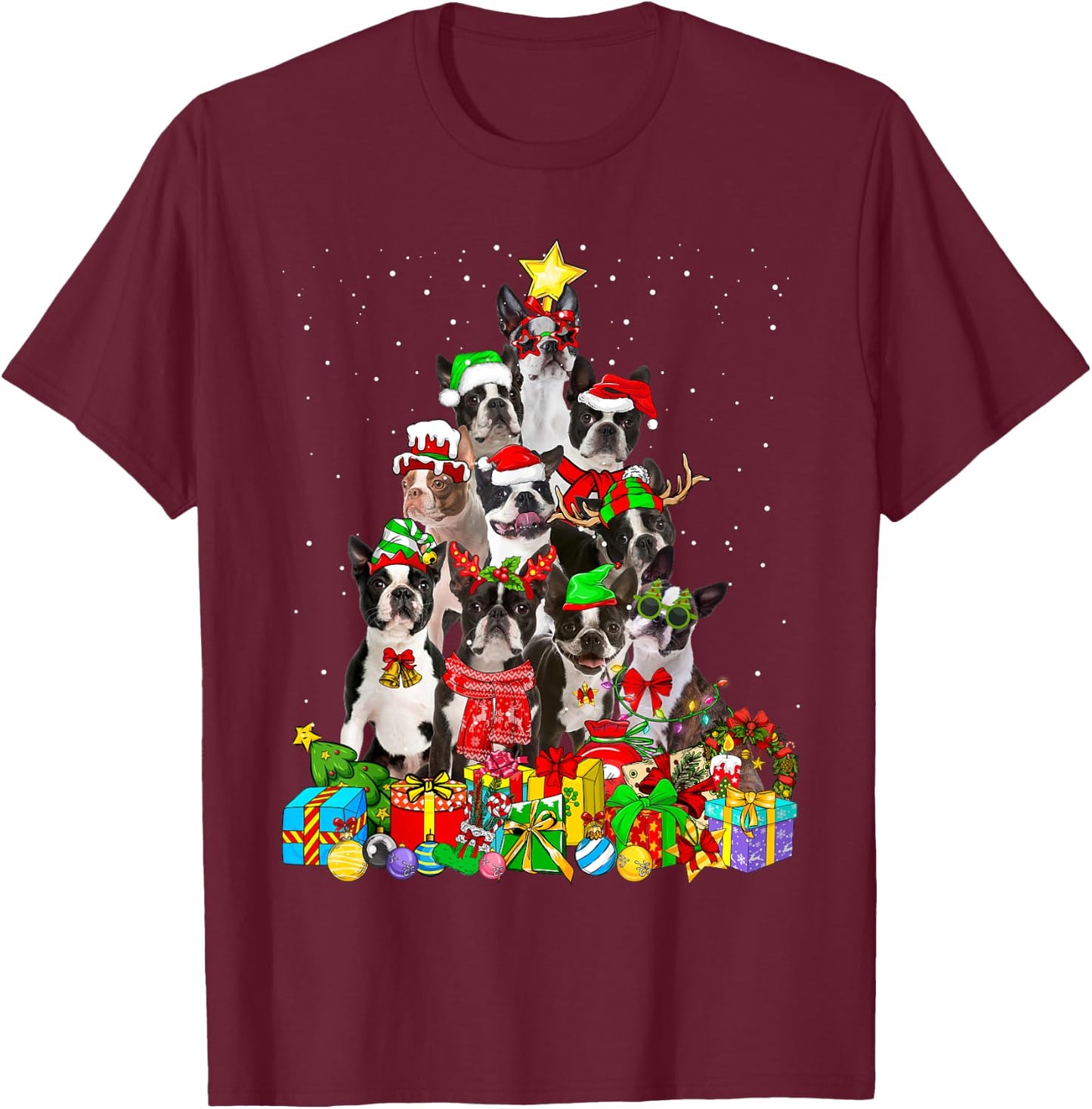 Funny Boston Terrier Dog Christmas Tree Lights Xmas Pajama Women Kids T-Shirt - T-Shirt | Maroon