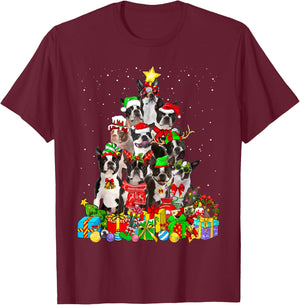 Funny Boston Terrier Dog Christmas Tree Lights Xmas Pajama Women Kids T-Shirt - T-Shirt | Maroon