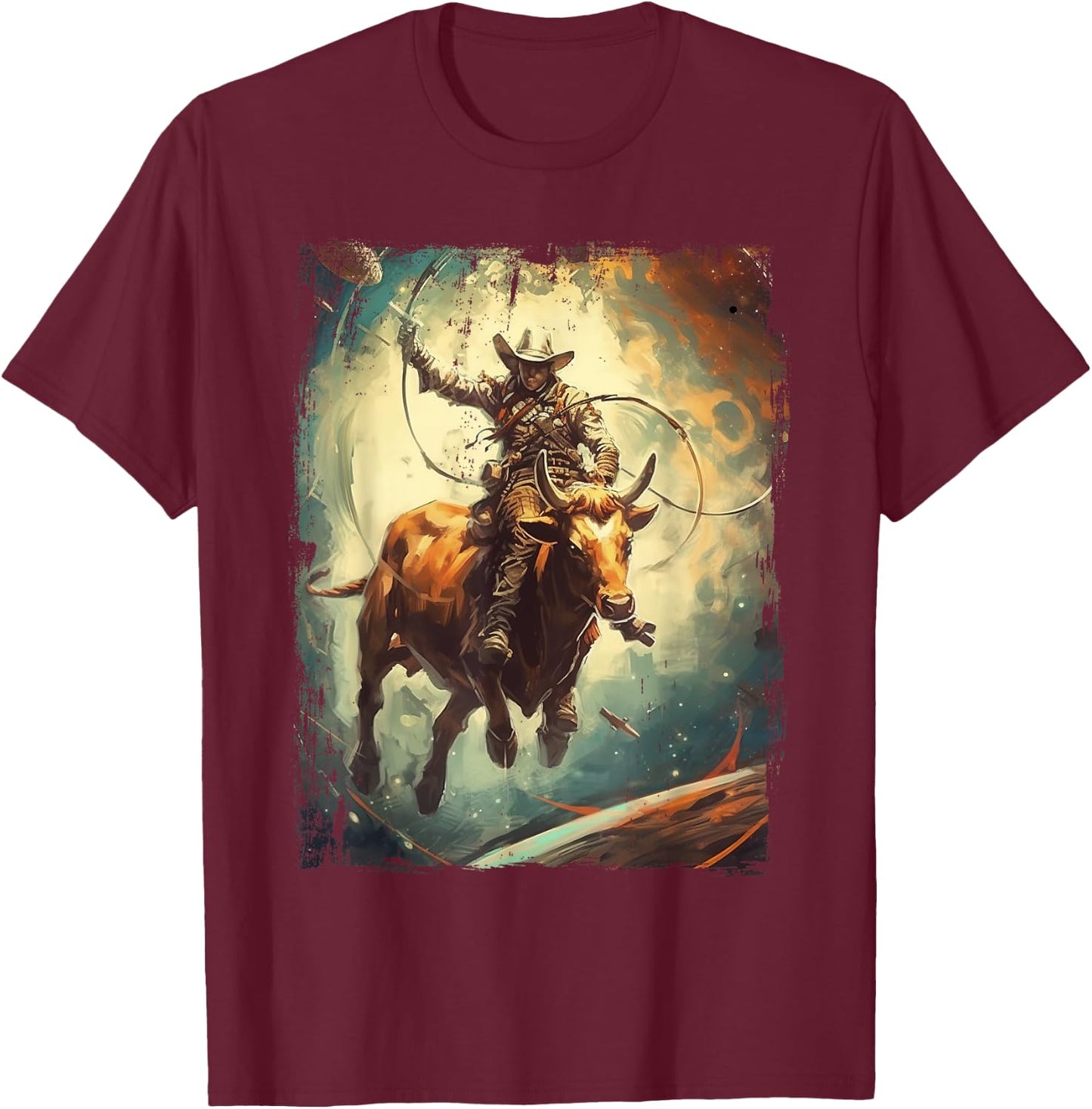 Space Rodeo Cowboy Western Southern Bull Riding T-Shirt - T-Shirt | Maroon