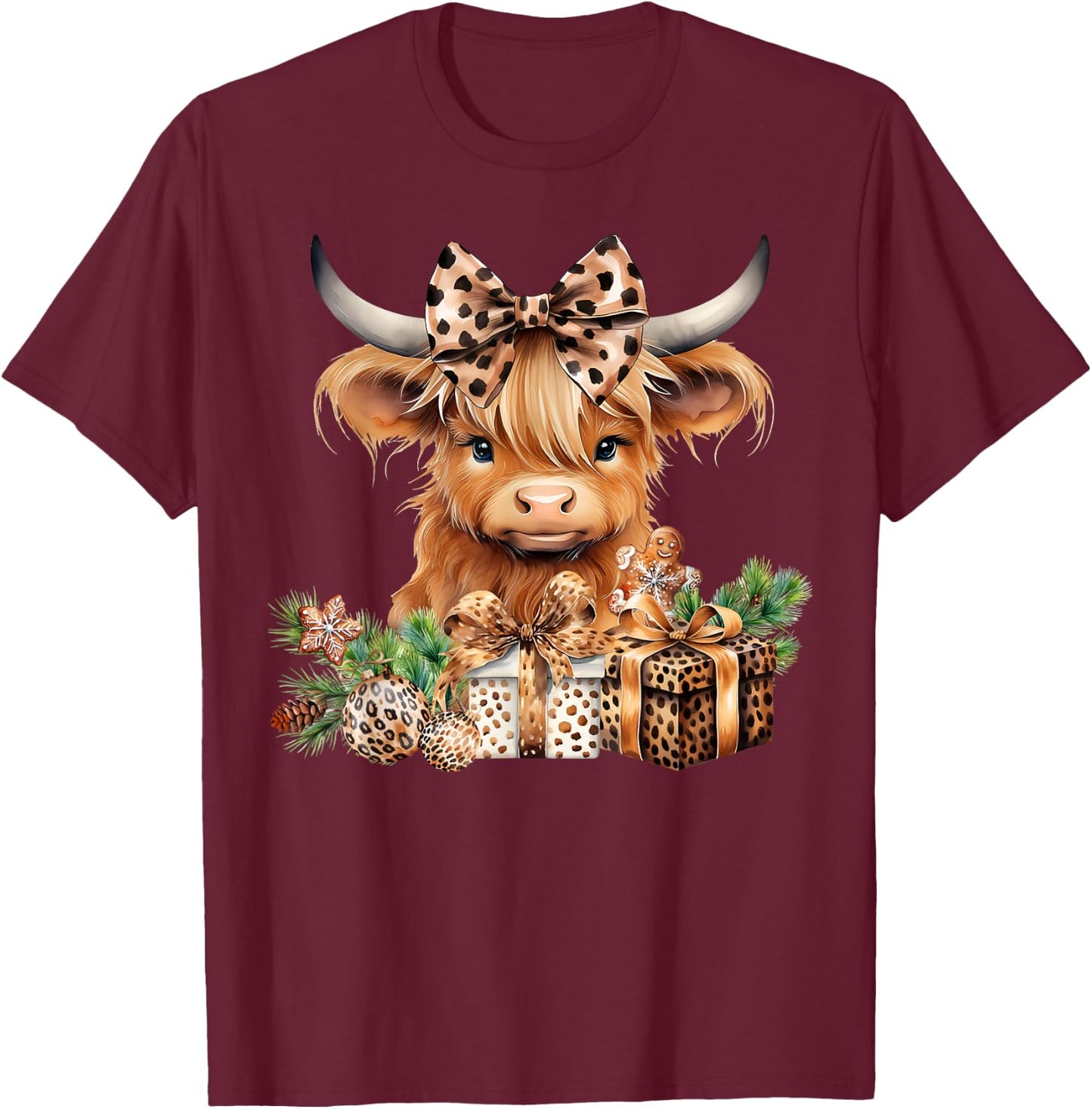 Baby Highland Cow Merry Christmas Leopard Cute Cow Farmer T-Shirt - T-Shirt | Maroon