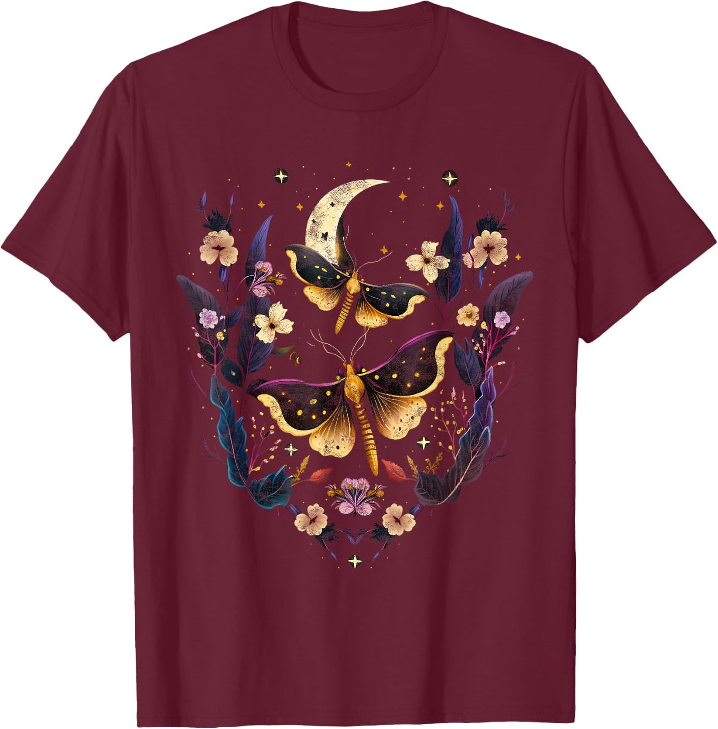Moths with moon, flowers, butterfly, Wicca, goth, night T-Shirt - T-Shirt | Maroon