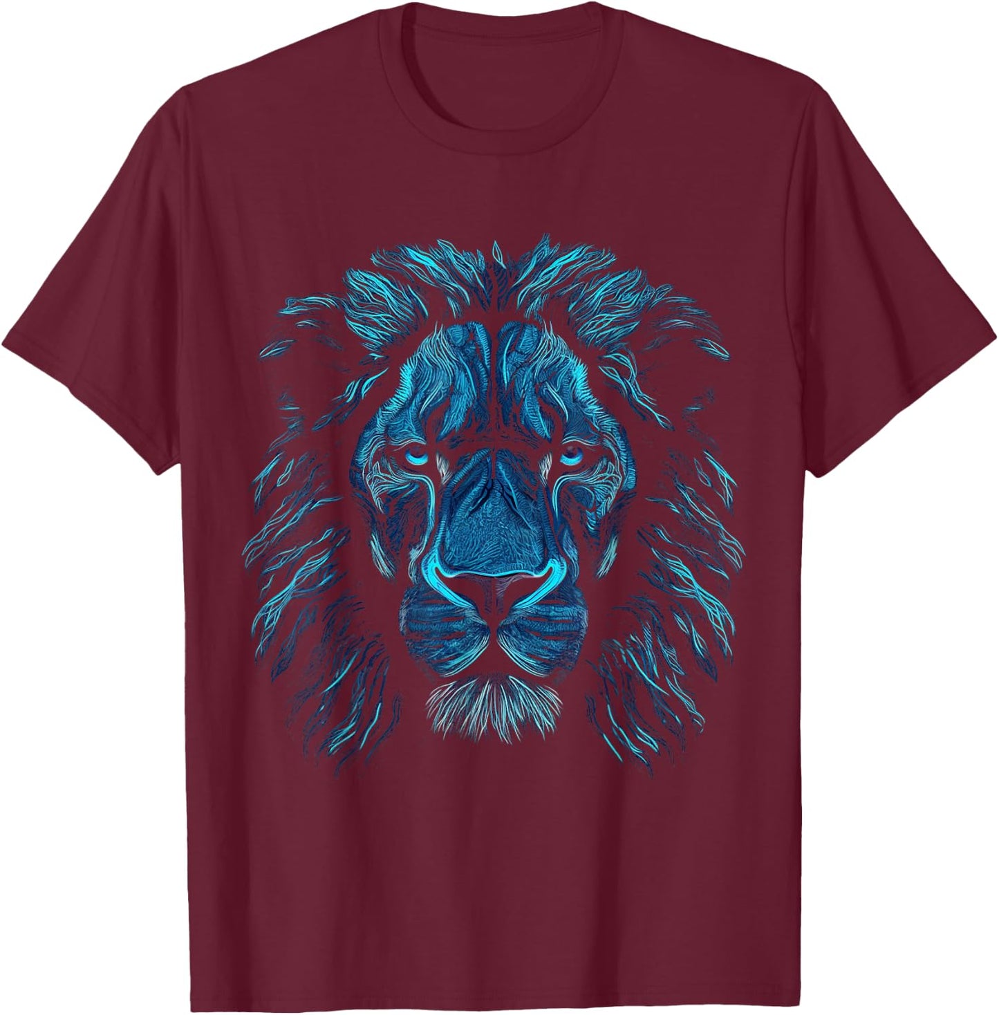 Lion Art Blue Eyes - Animal Motif Zoo Lion T-Shirt - T-Shirt | Maroon