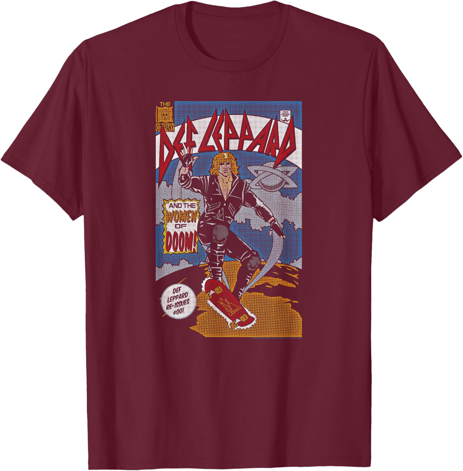 Def Leppard -Adults Black Comic T-Shirt - T-Shirt | Maroon