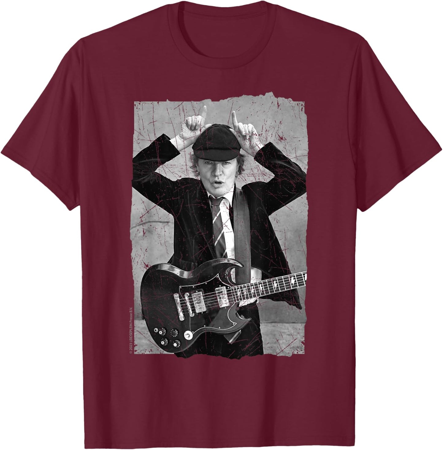 Official AC/DC Rock Music Band Angus Young Distressed Photo T-Shirt - T-Shirt | Maroon
