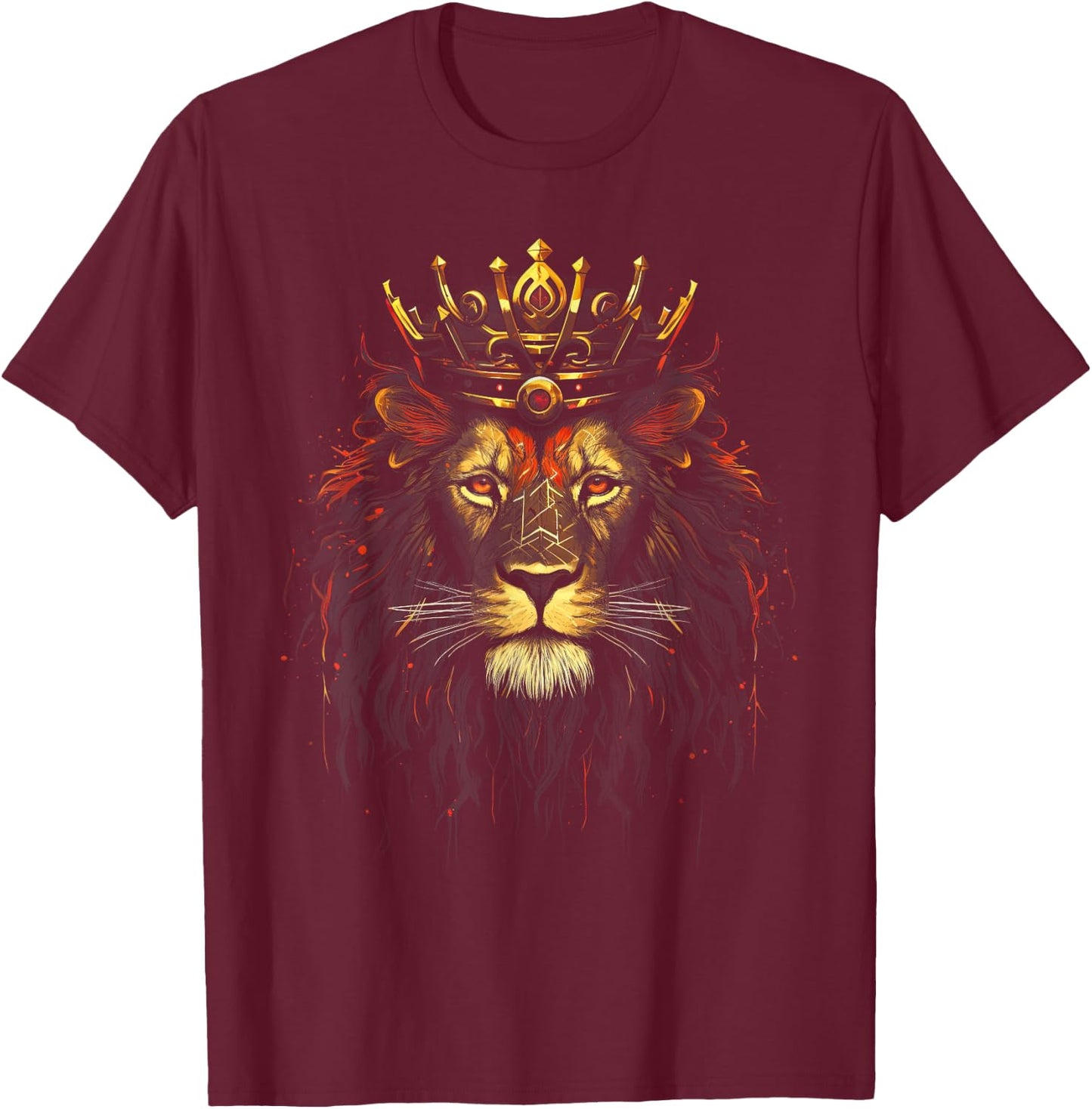 King Animal Jungle Lion Africa Crown Artwork - -Adults, -Kids - Black - Small - Short Sleeve - Cotton 60%, Polyester 40% T-Shirt - T-Shirt | Maroon