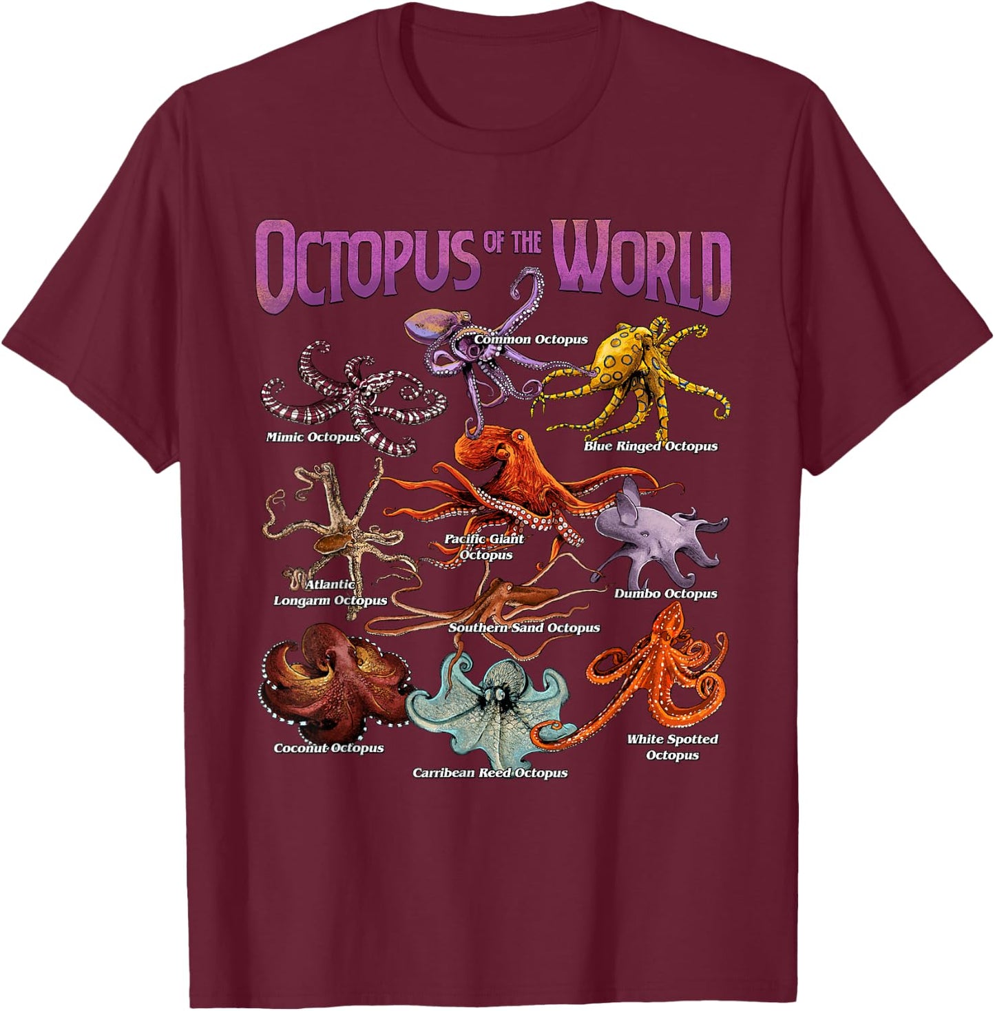 Octopus of The World Sea Animal Educational Octopus Lover T-Shirt - T-Shirt | Maroon
