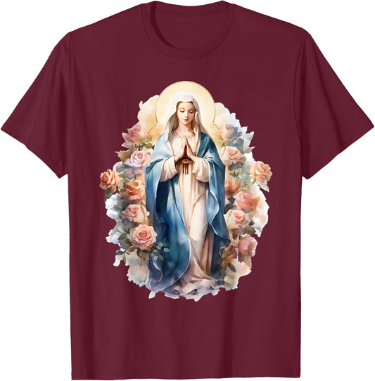Blessed Mother Mary Mother of Jesus Roses Our Lady Catholic T-Shirt - T-Shirt | Maroon