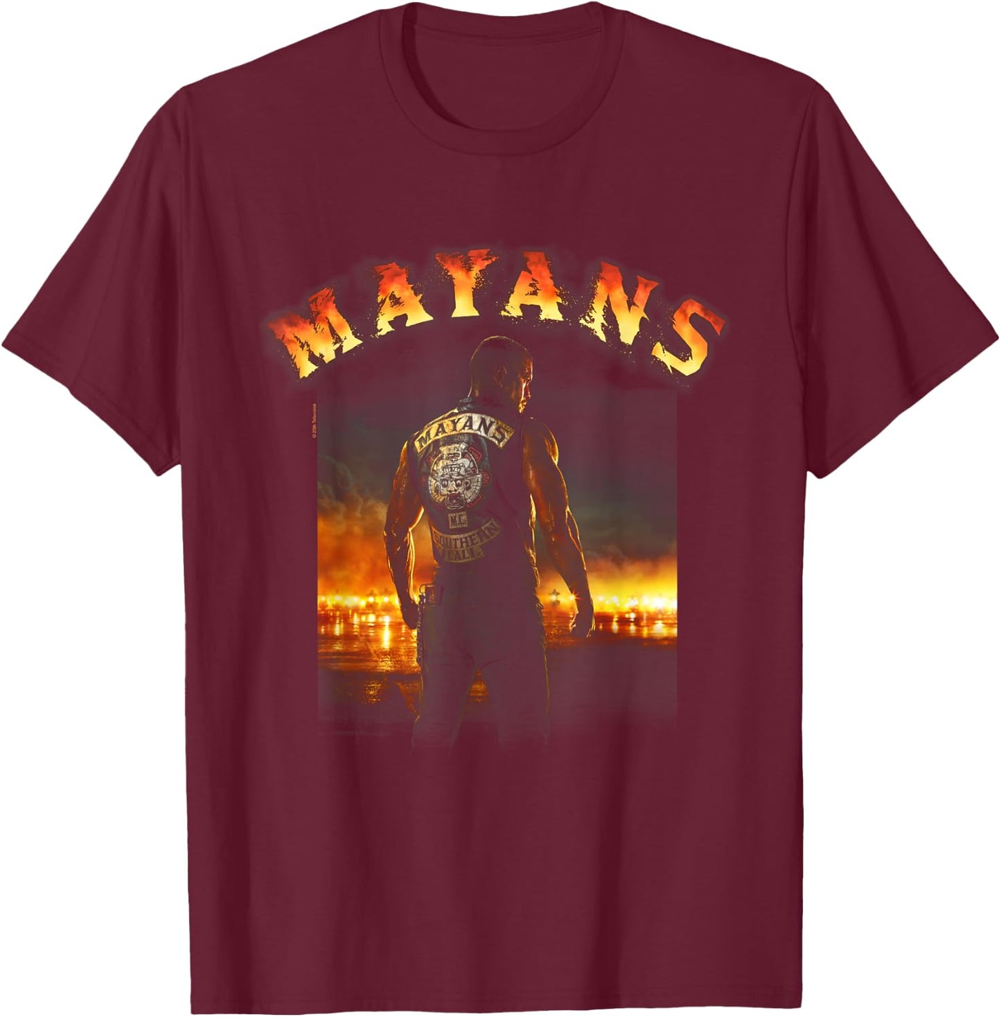 Mayans M.C. Logo on Fire & Pose T-Shirt - T-Shirt | Maroon