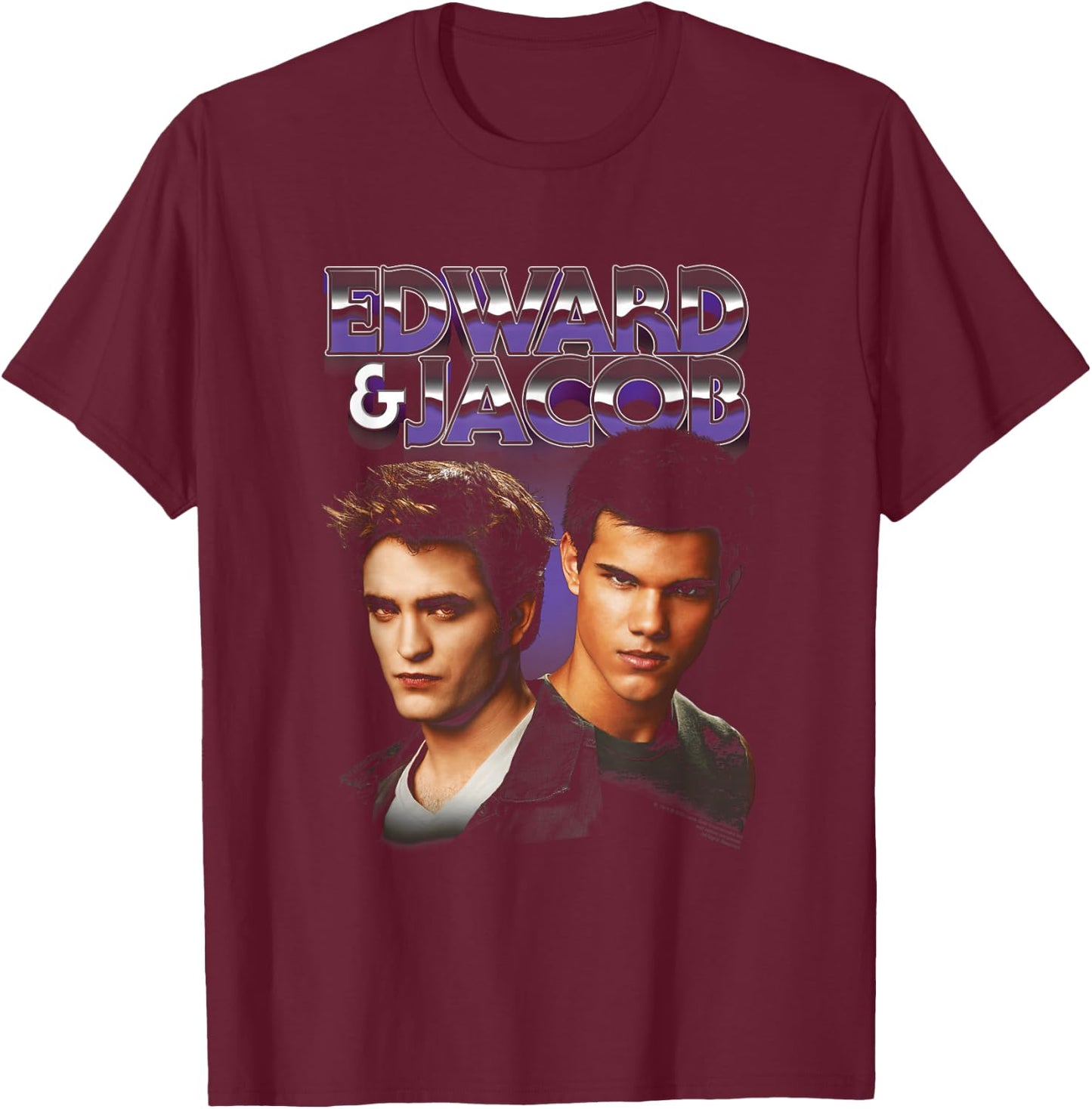 Twilight Edward & Jacob Purple Chrome Text Portrait Movie T-Shirt - T-Shirt | Maroon