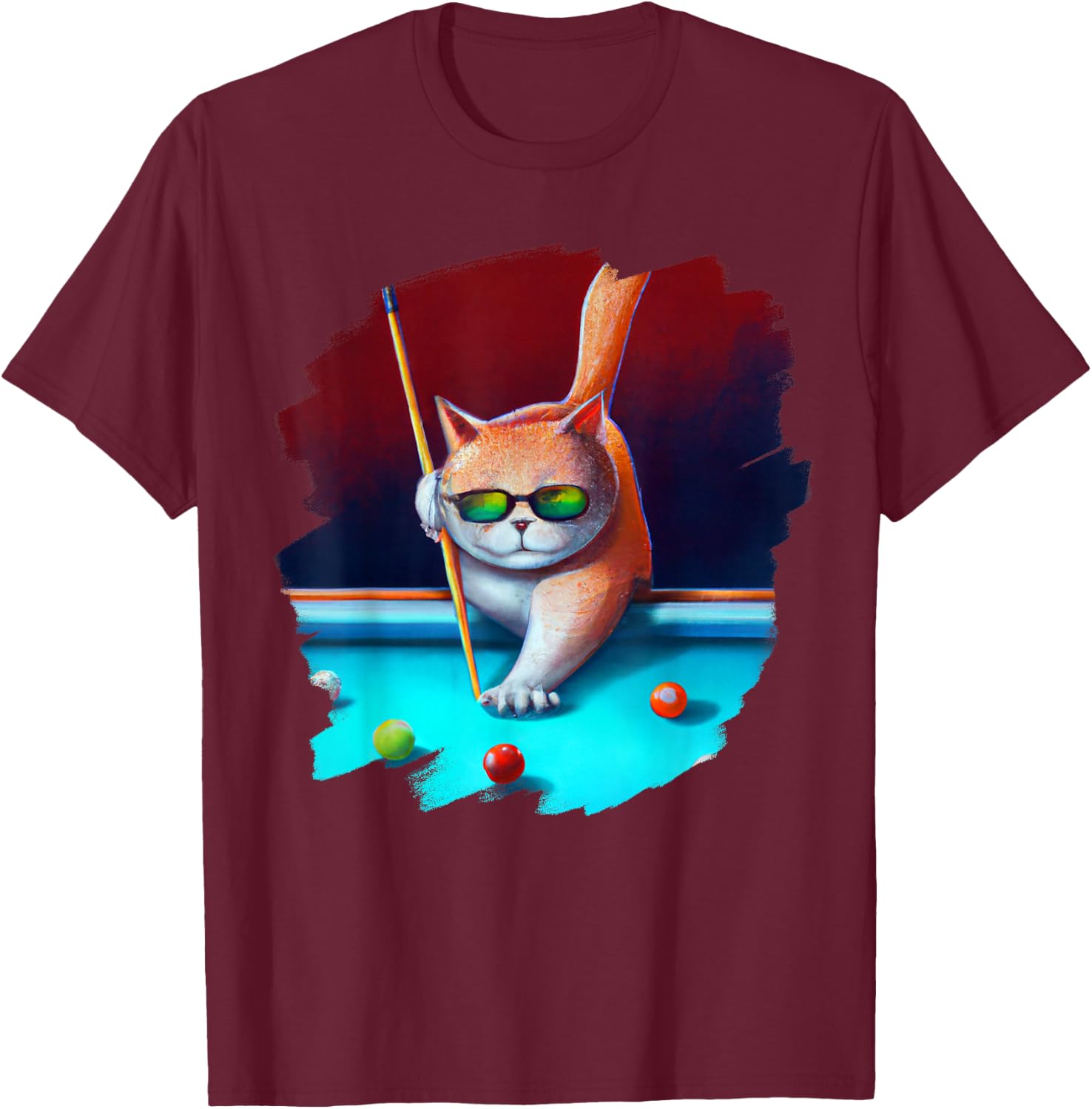 Cat Playing Pool Billiards in Lounge Cool Funny Cats T-Shirt - T-Shirt | Maroon