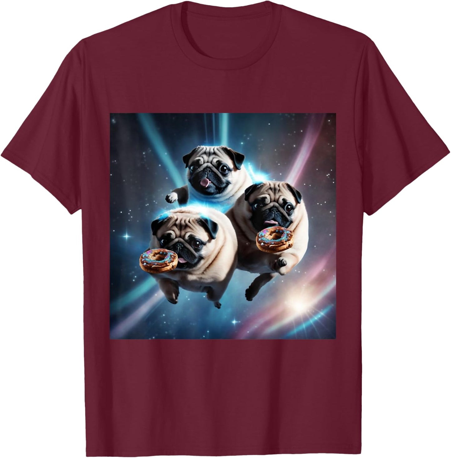 Pugs In Space With Donuts Cute Pug Boys Girls Men Women T-Shirt - T-Shirt | Maroon