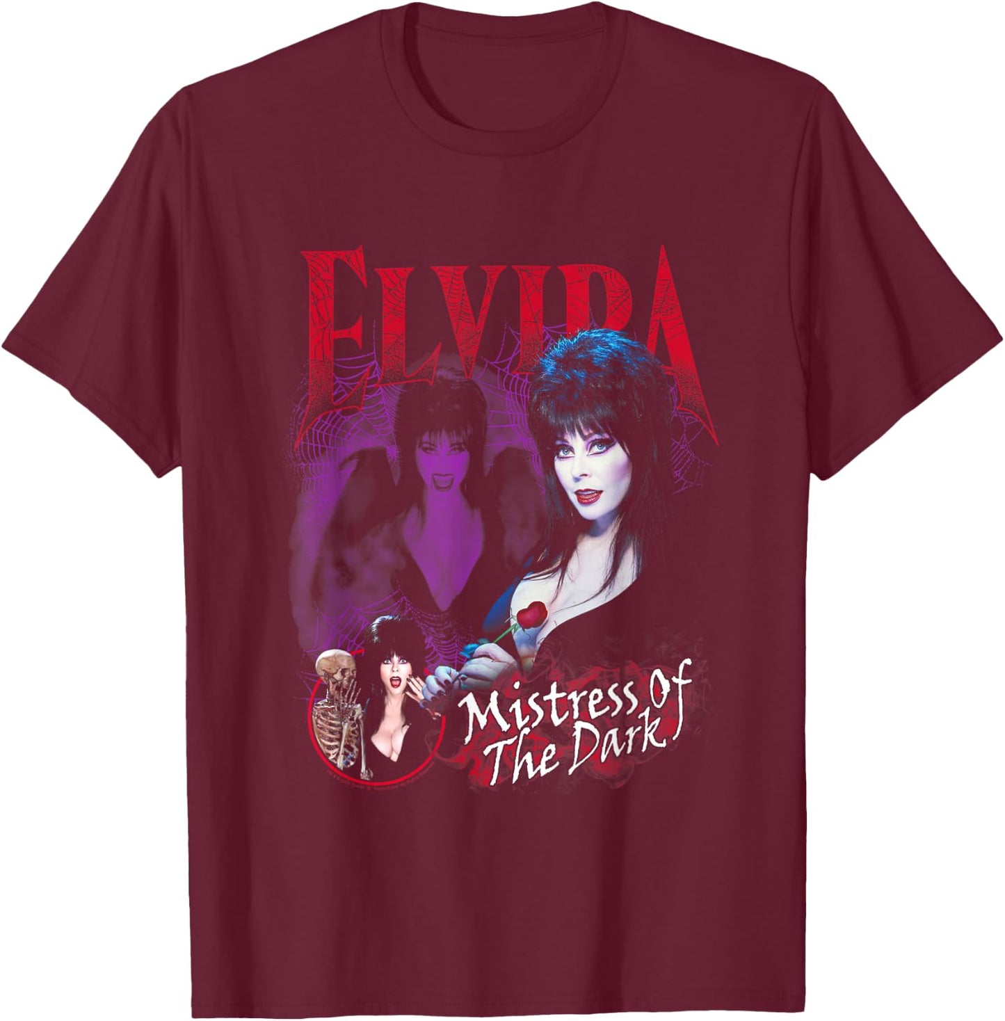 Elvira, Mistress of The Dark Purple and Red Graphic Small T-Shirt - T-Shirt | Maroon