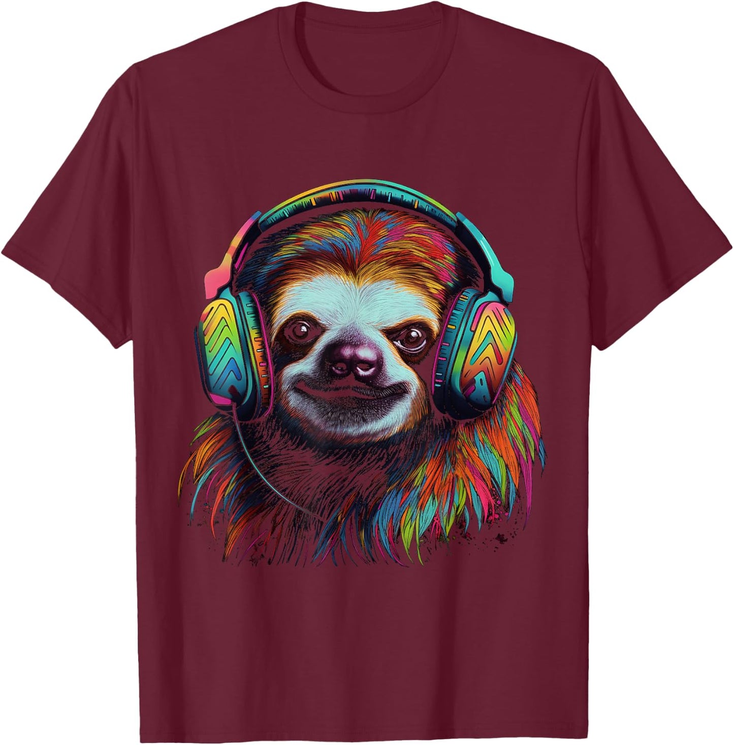 Sloth Artwork Music Colourful Animal Headphones Sloth T-Shirt - T-Shirt | Maroon