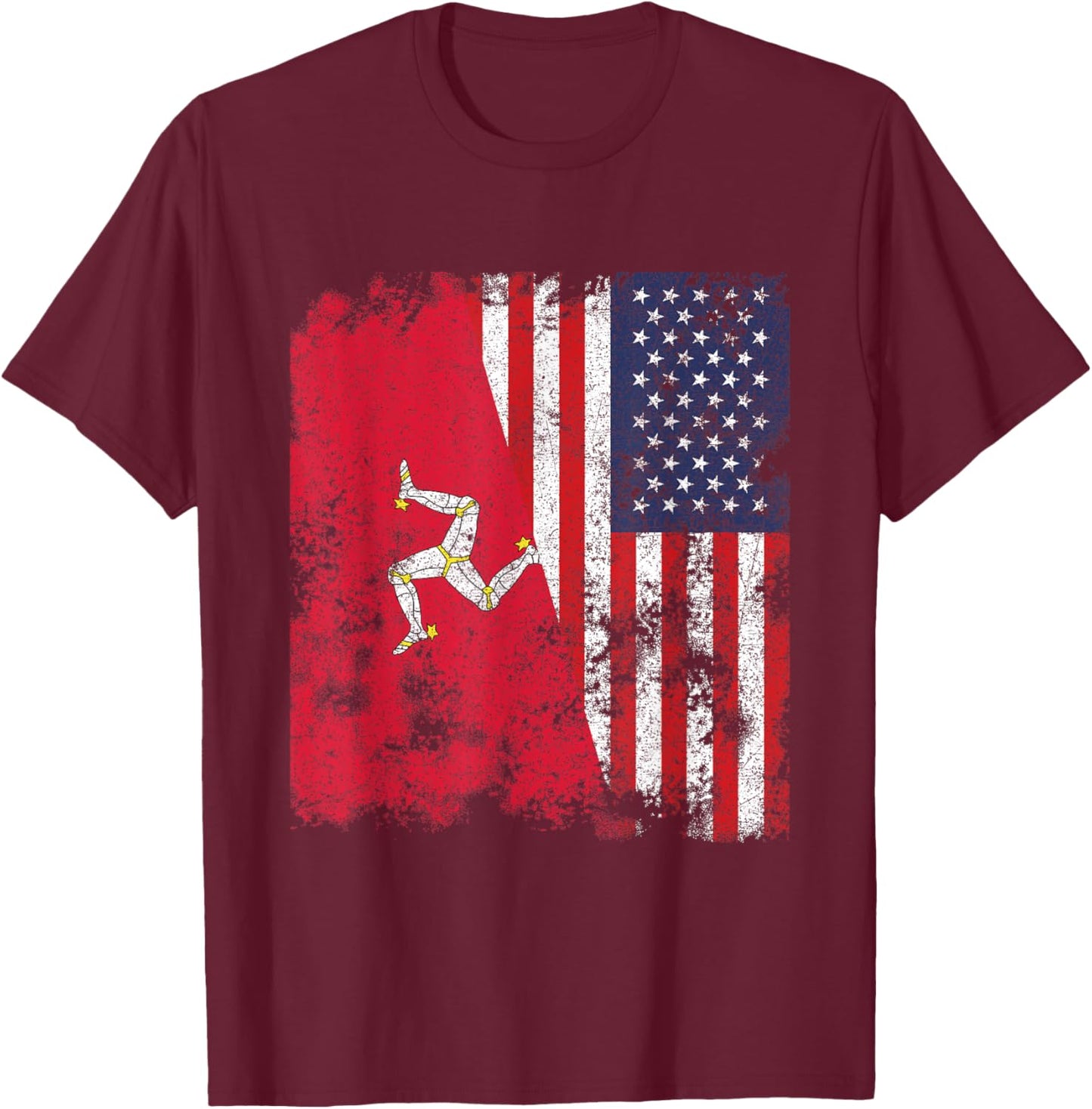 Isle Of Man USA Flag Distressed - Half American T-Shirt - T-Shirt | Maroon