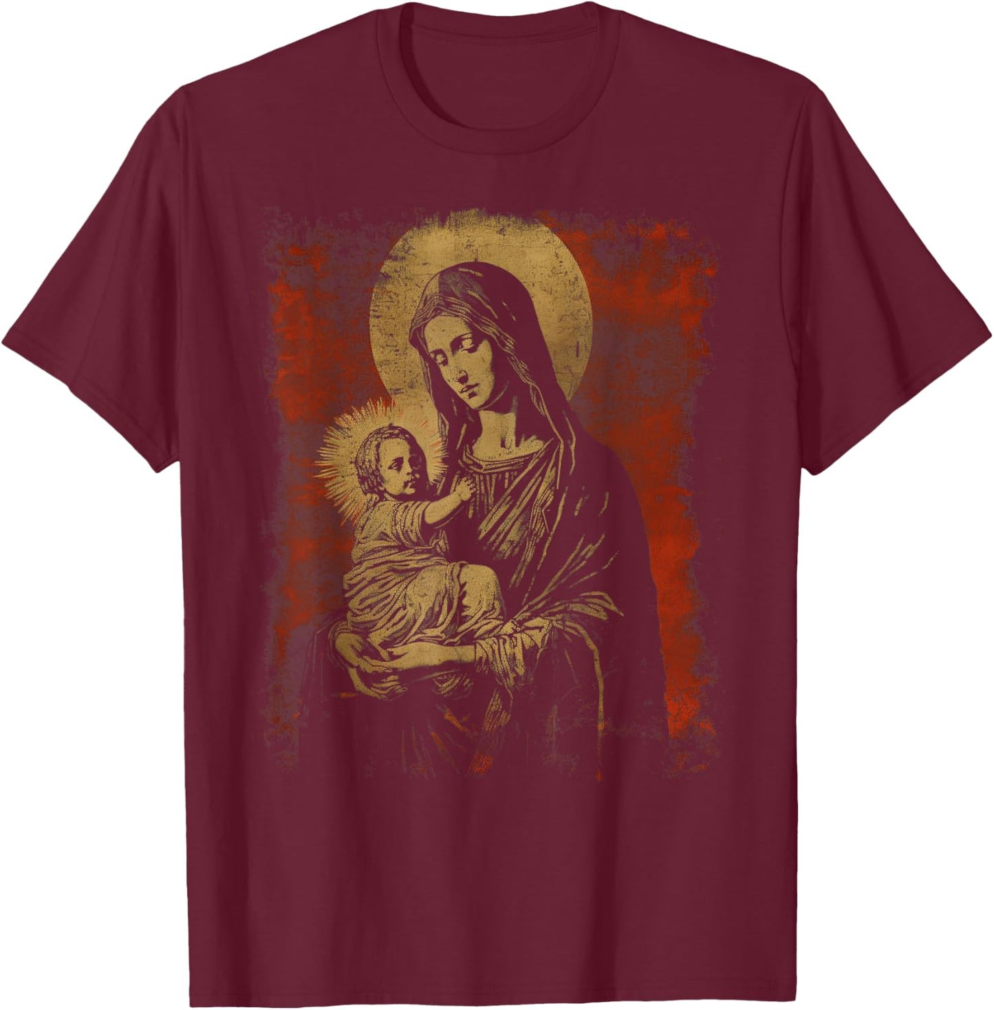 Mary & Jesus Retro Distressed 90s Goth Grunge Vibes Graphic T-Shirt - T-Shirt | Maroon