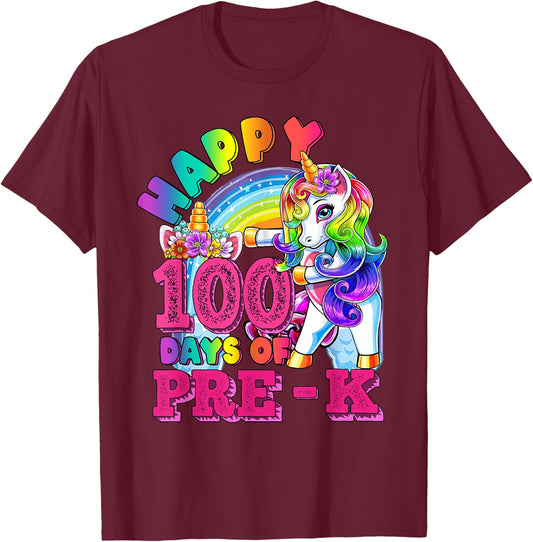 Dabbing Unicorn 100th Day Of School Pre-K Kid Girls Teacher T-Shirt - T-Shirt | Maroon