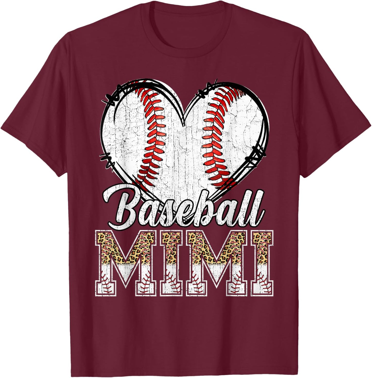 Softball Baseball Mimi Heart Leopard Print Mother's Day T-Shirt - T-Shirt | Maroon
