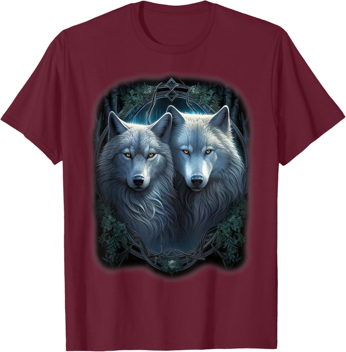 Wolf Wolves in Forest by Night Moon Fantasy Art Wildlife T-Shirt - T-Shirt | Maroon