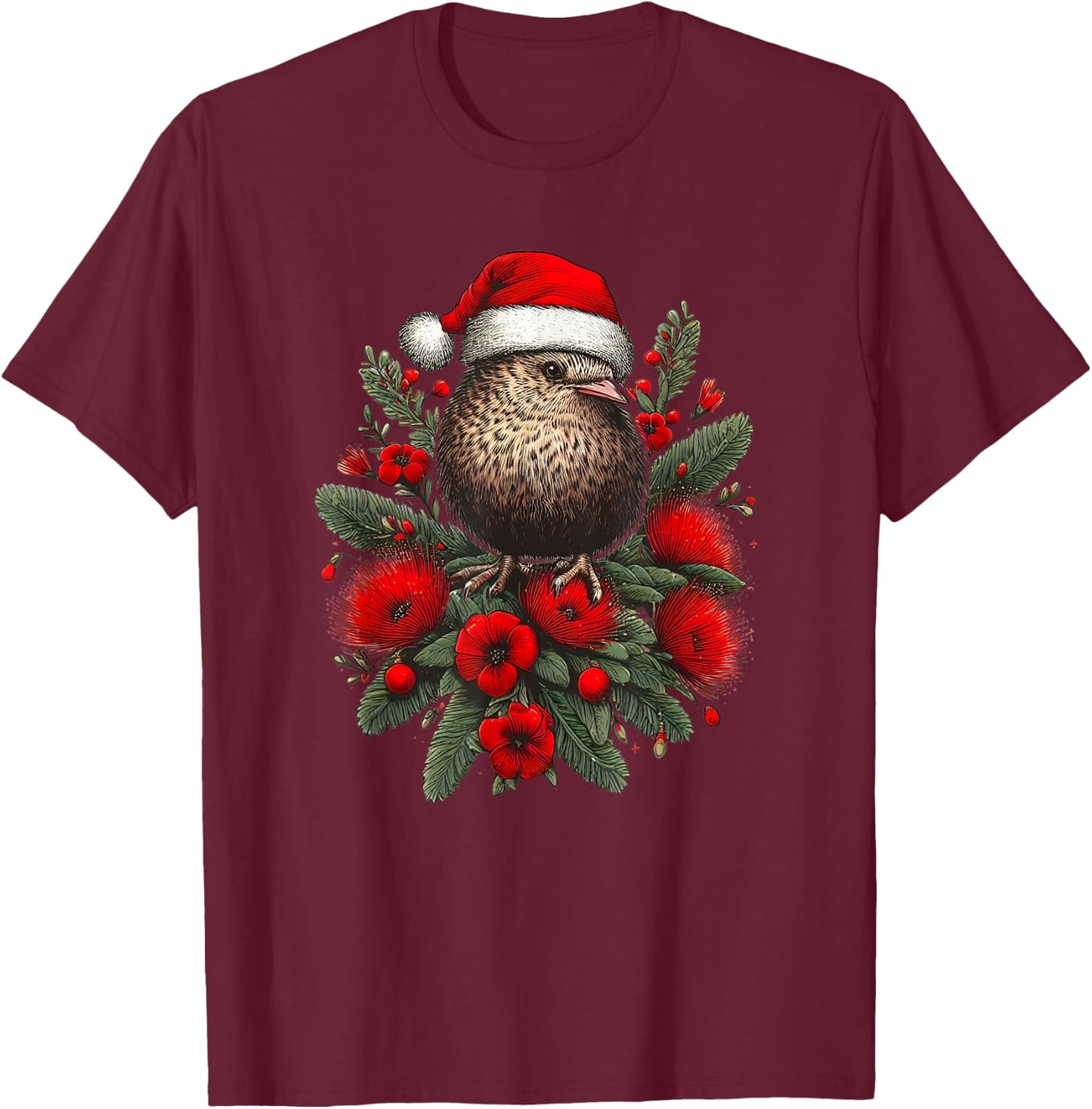 Christmas New Zealand Kiwi Bird Santa Hat Pohutukawa Tree T-Shirt - T-Shirt | Maroon