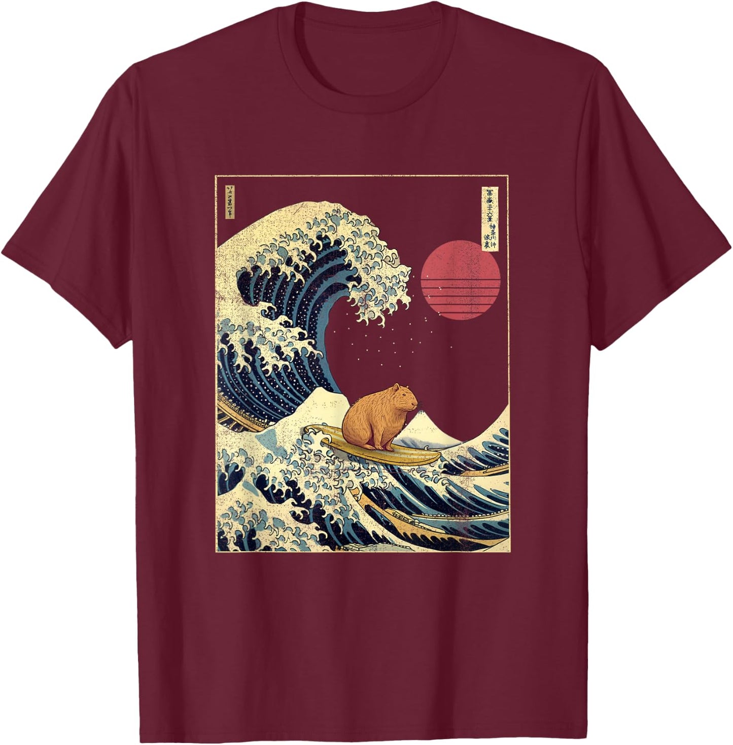 Capybara Kanagawa Wave Funny Surf Animal T-Shirt - T-Shirt | Maroon