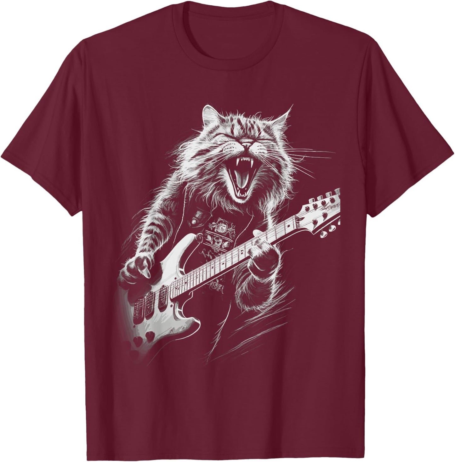 Rock Cat Playing Guitar Woman Funny Guitar Cat T-Shirt - T-Shirt | Maroon