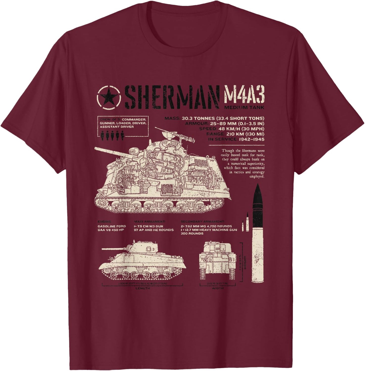Sherman Tank World War 2 Blueprint T-Shirt - T-Shirt | Maroon