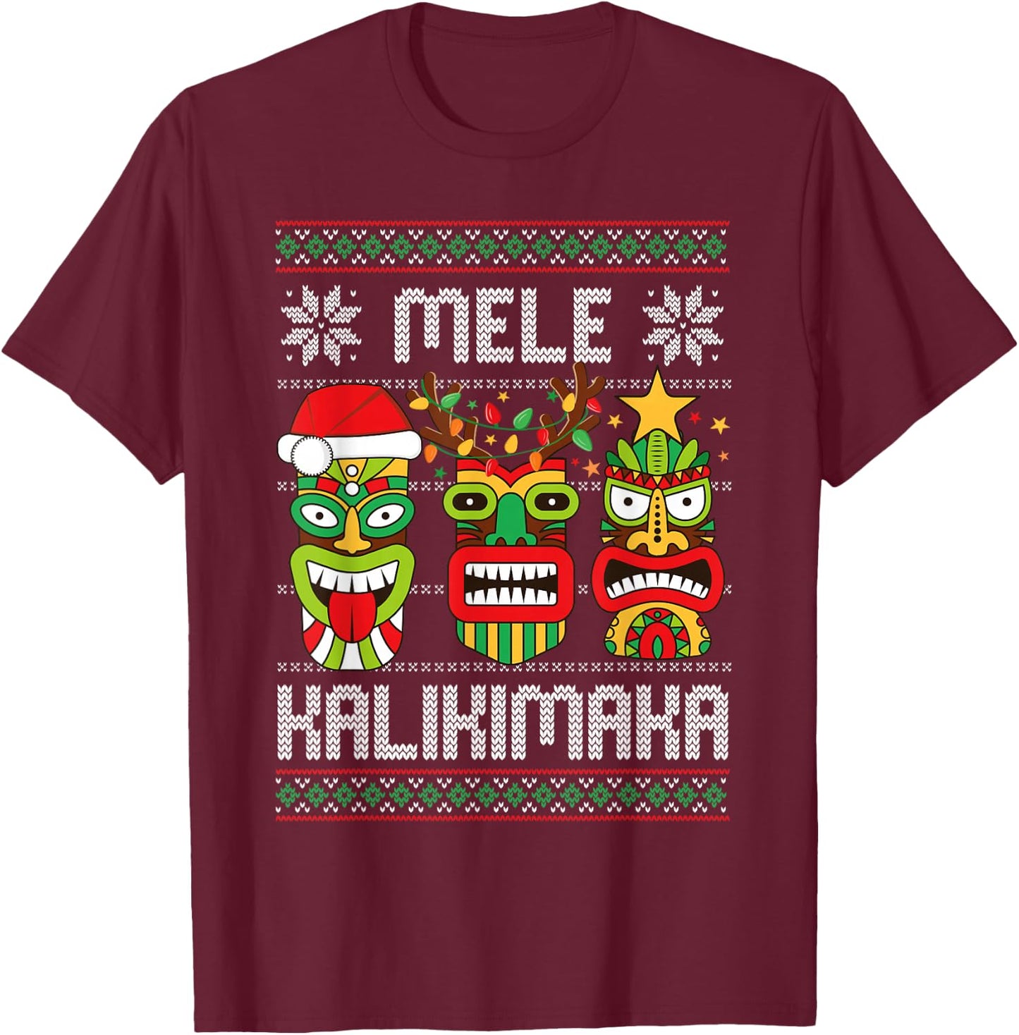 Mele Kalikimaka Christmas Hawaiian Santa Tiki Ugly Christmas T-Shirt - T-Shirt | Maroon