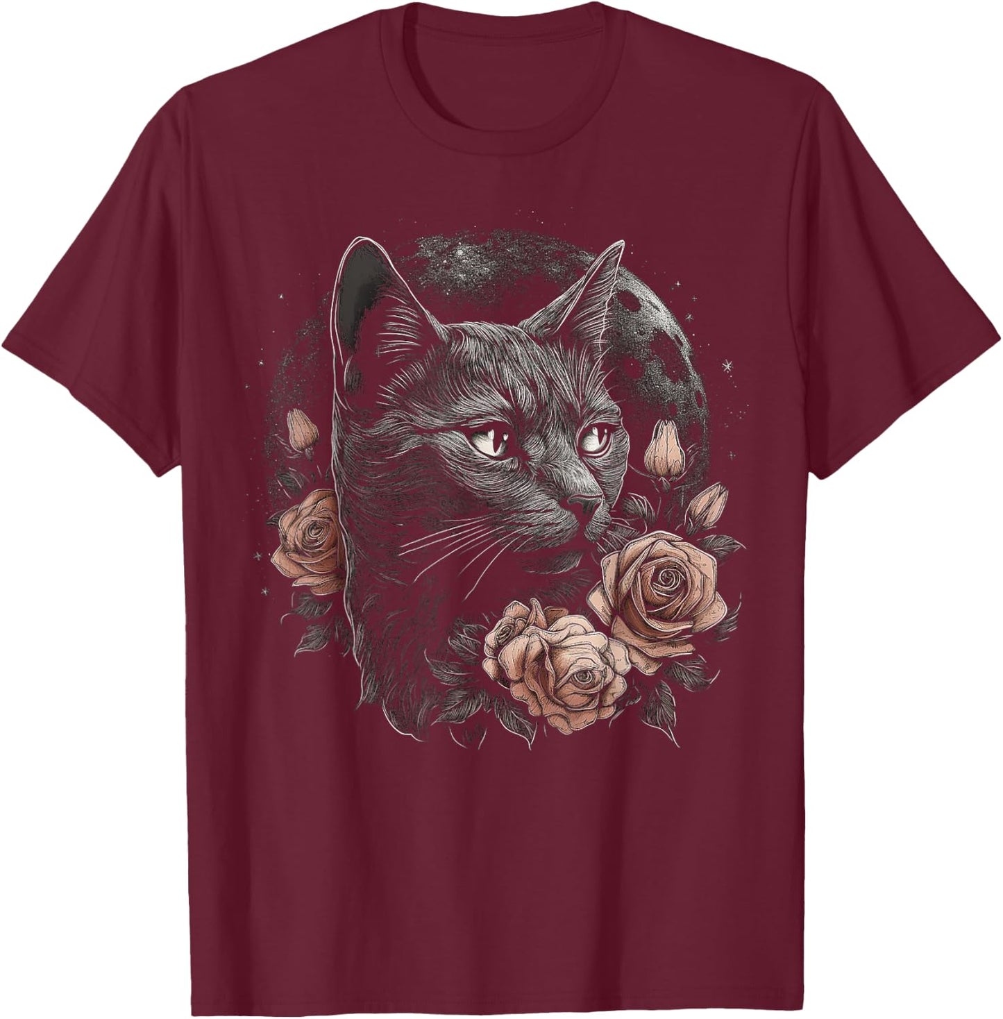 Cat Flower Moon Artwork | Animal Motif Cat T-Shirt - T-Shirt | Maroon