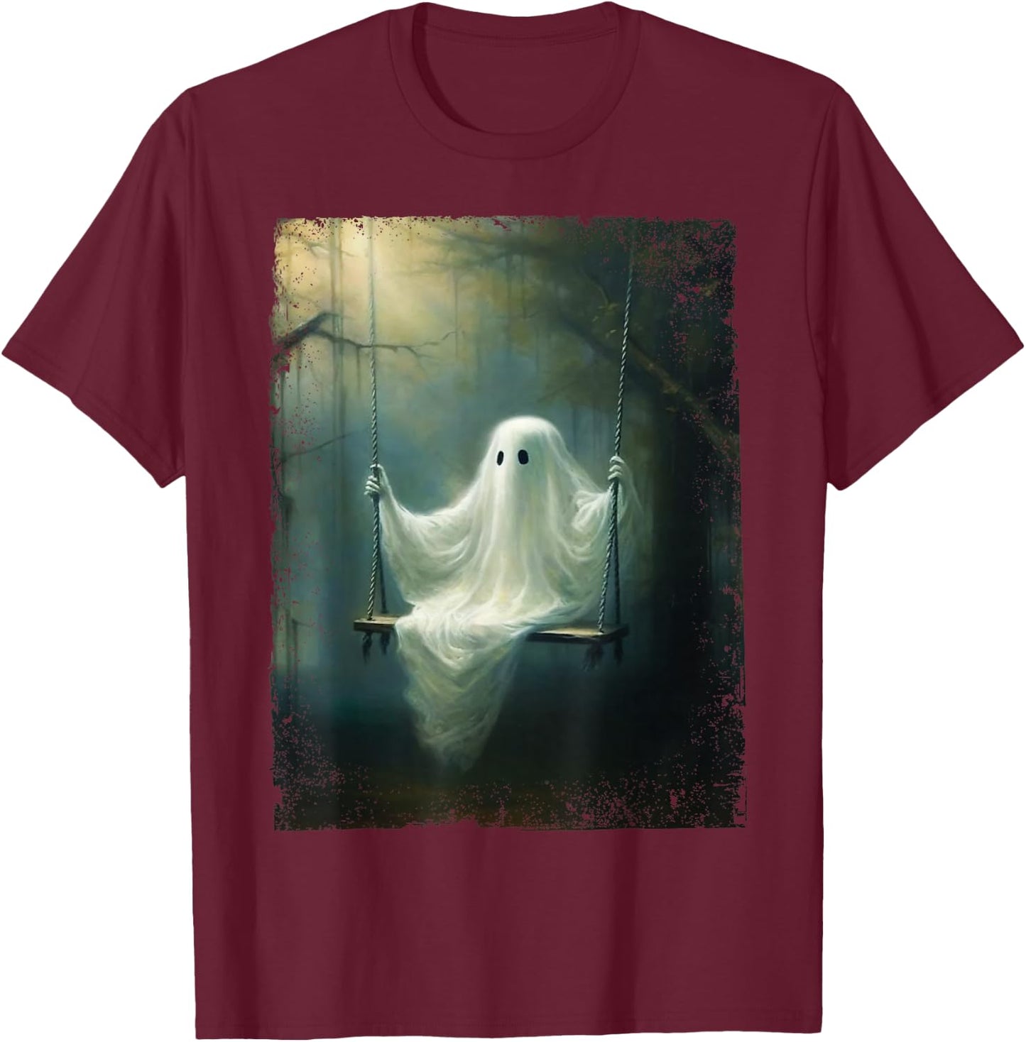 Vintage Halloween Costume Ghost Swing In The Forest Graphic T-Shirt - T-Shirt | Maroon