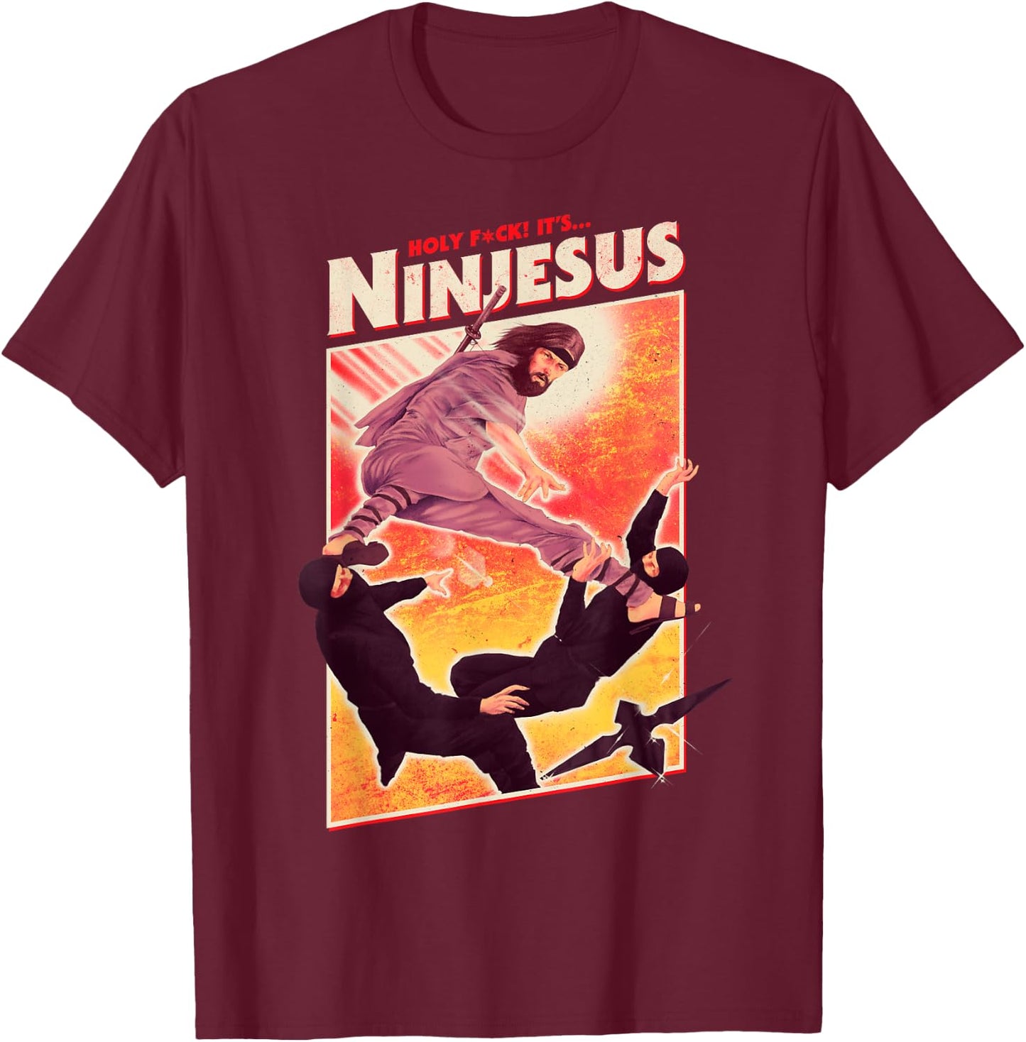 It's Ninjesus 80s Action Movie Atheist Christian Ninja Jesus T-Shirt - T-Shirt | Maroon