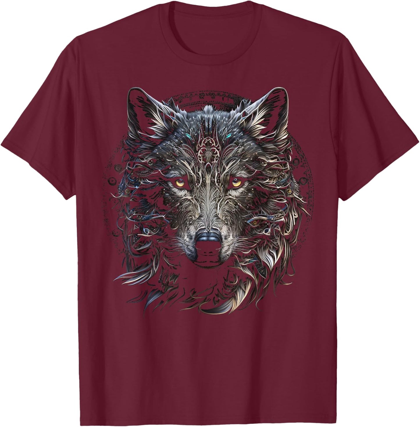 Wolf Mandala Artwork | Animal Motif Wolf T-Shirt - T-Shirt | Maroon