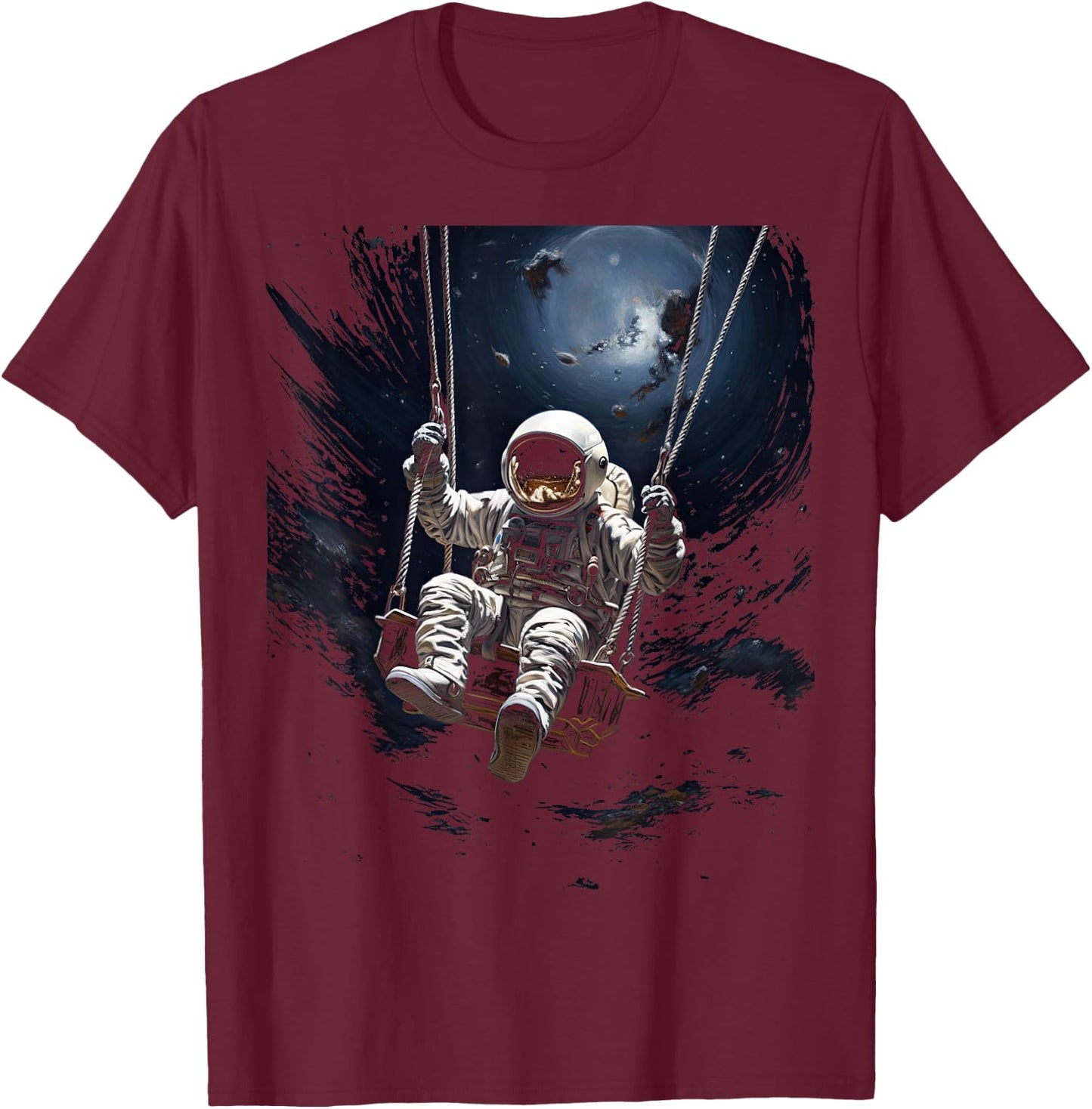 Astronaut Sitting on a Swing in Space Stars Moon T-Shirt - T-Shirt | Maroon