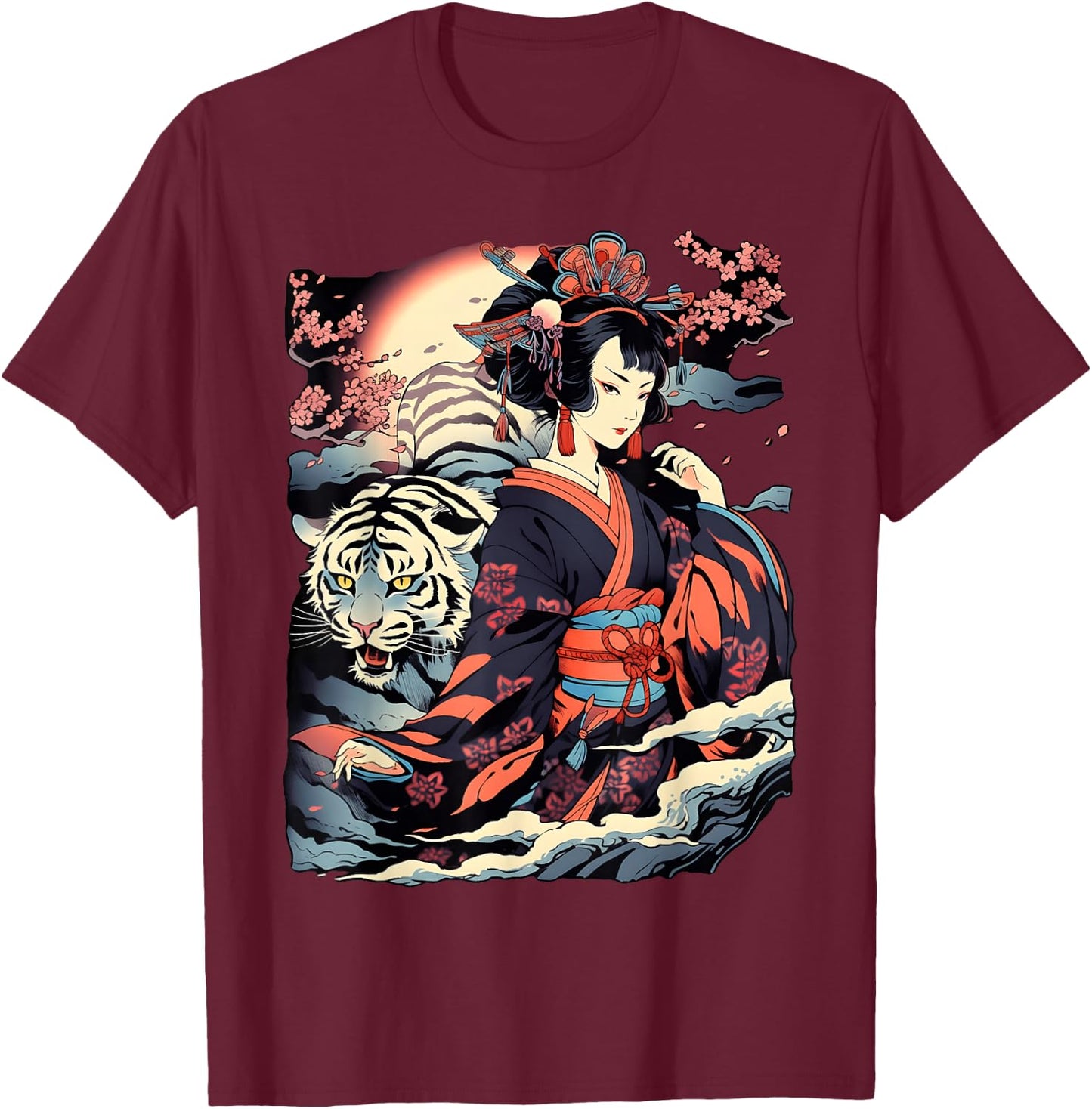 Make a Statement with This Bold Geisha and Tiger Tattoo T-Shirt - T-Shirt | Maroon