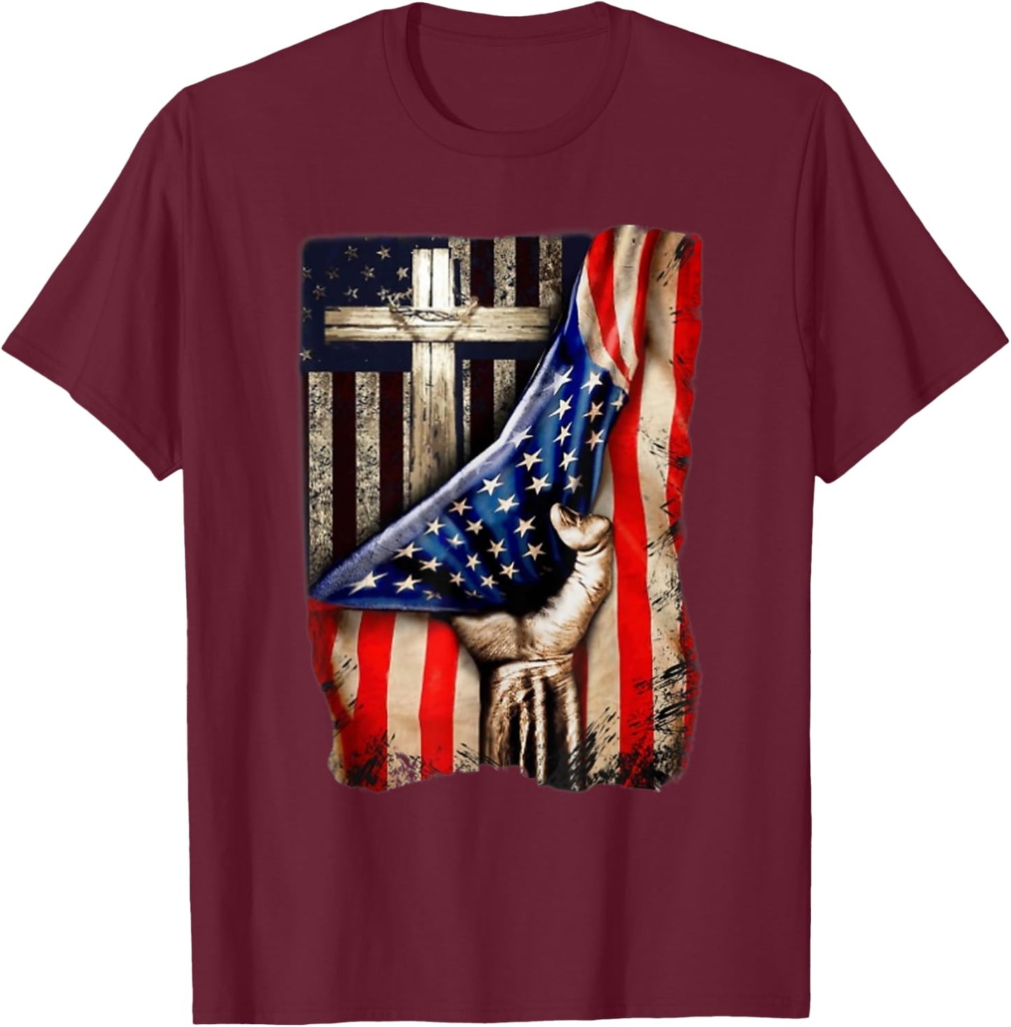 Cross Christian American Flag Hand Pride T-Shirt - T-Shirt | Maroon