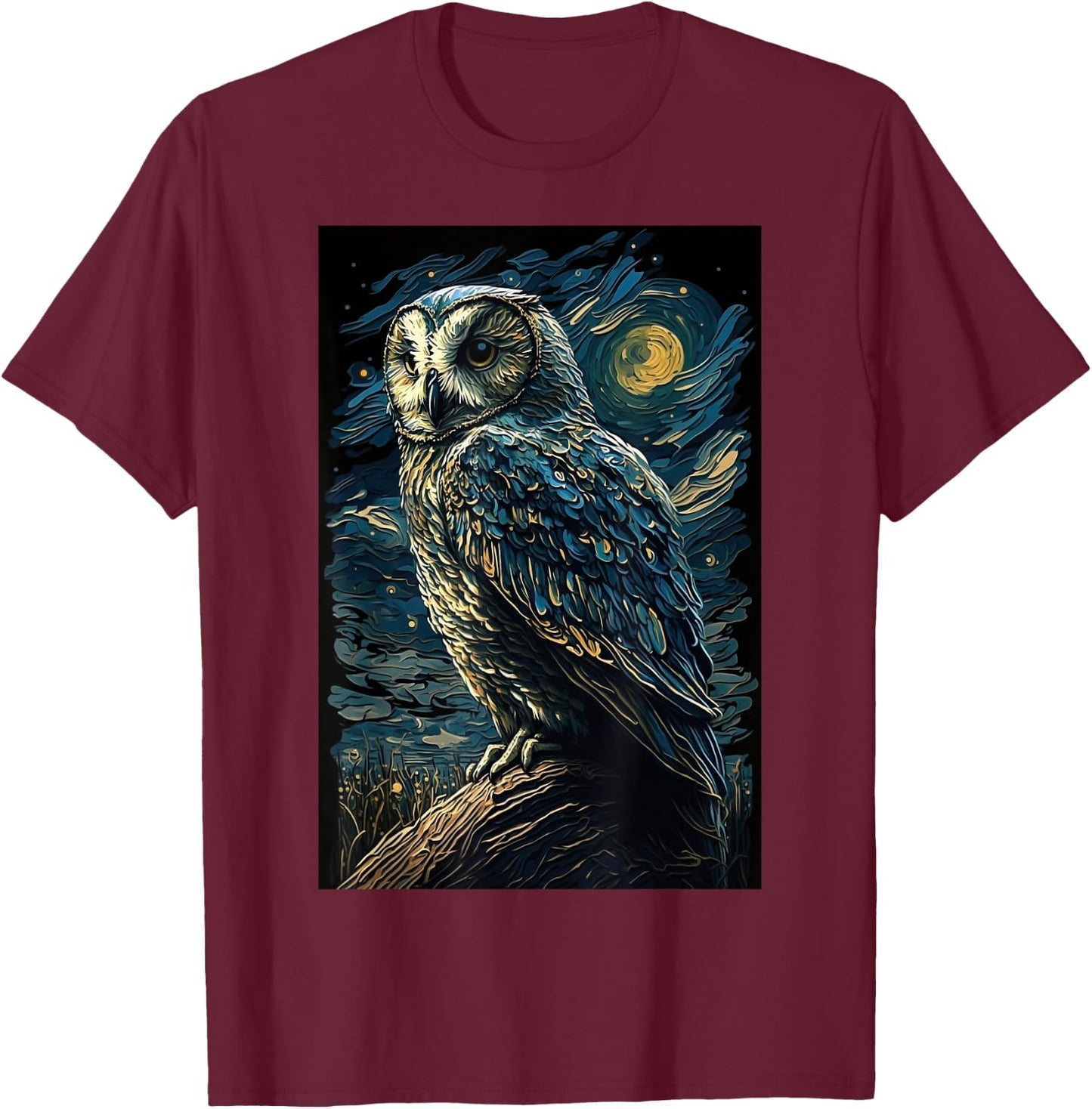 Owl Starry Night Van Gogh Style Birds Lover Owl Mom & Dad T-Shirt - T-Shirt | Maroon