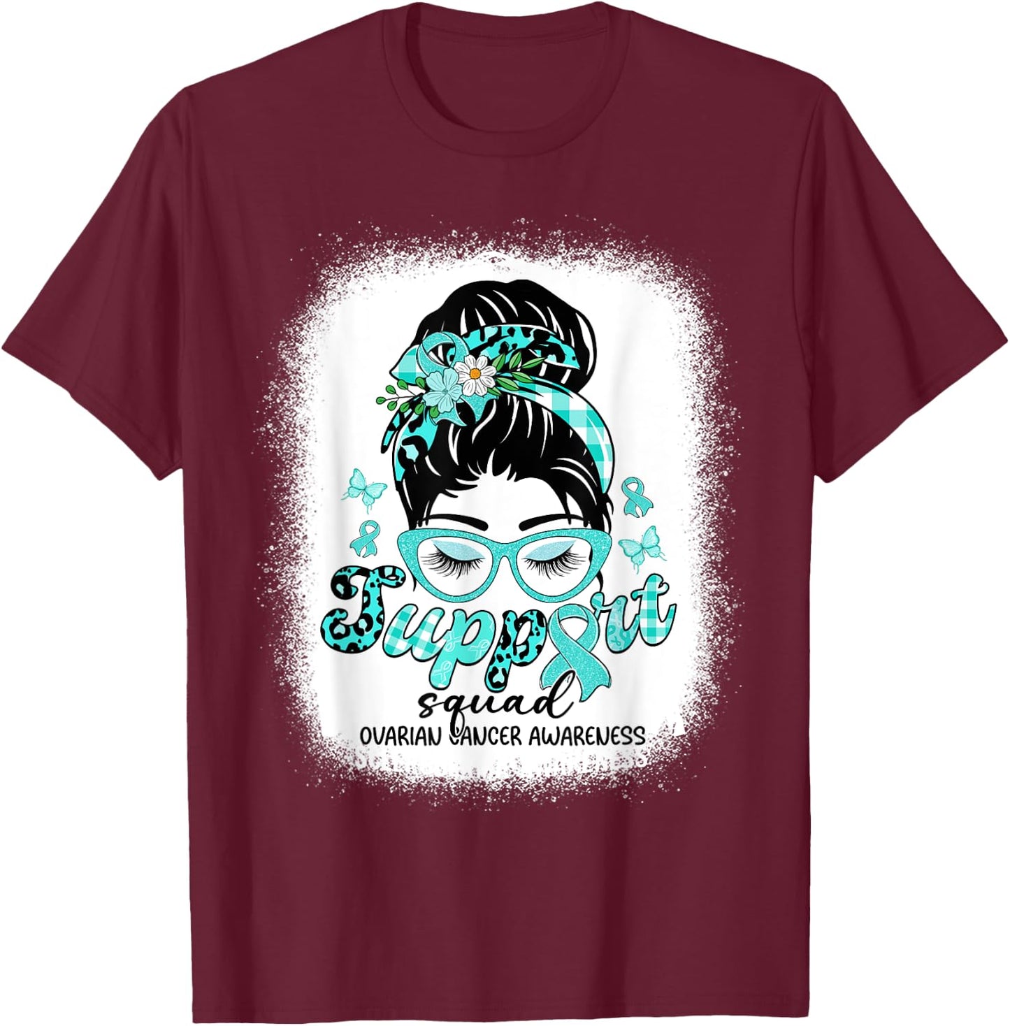 Support Squad Messy Bun Women Ovarian Cancer Awareness T-Shirt - T-Shirt | Maroon