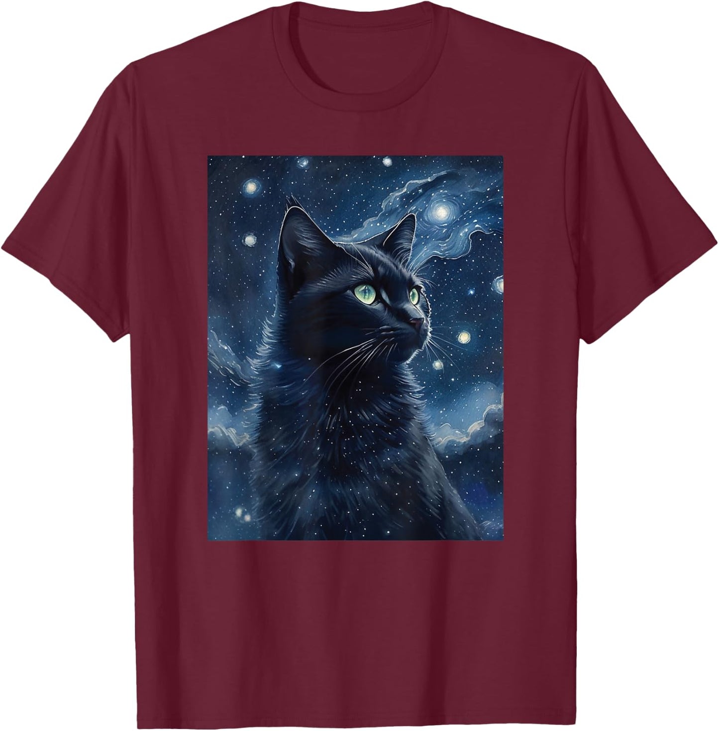 black cat Painting art Starry Night kitty kitten Van Gogh T-Shirt - T-Shirt | Maroon