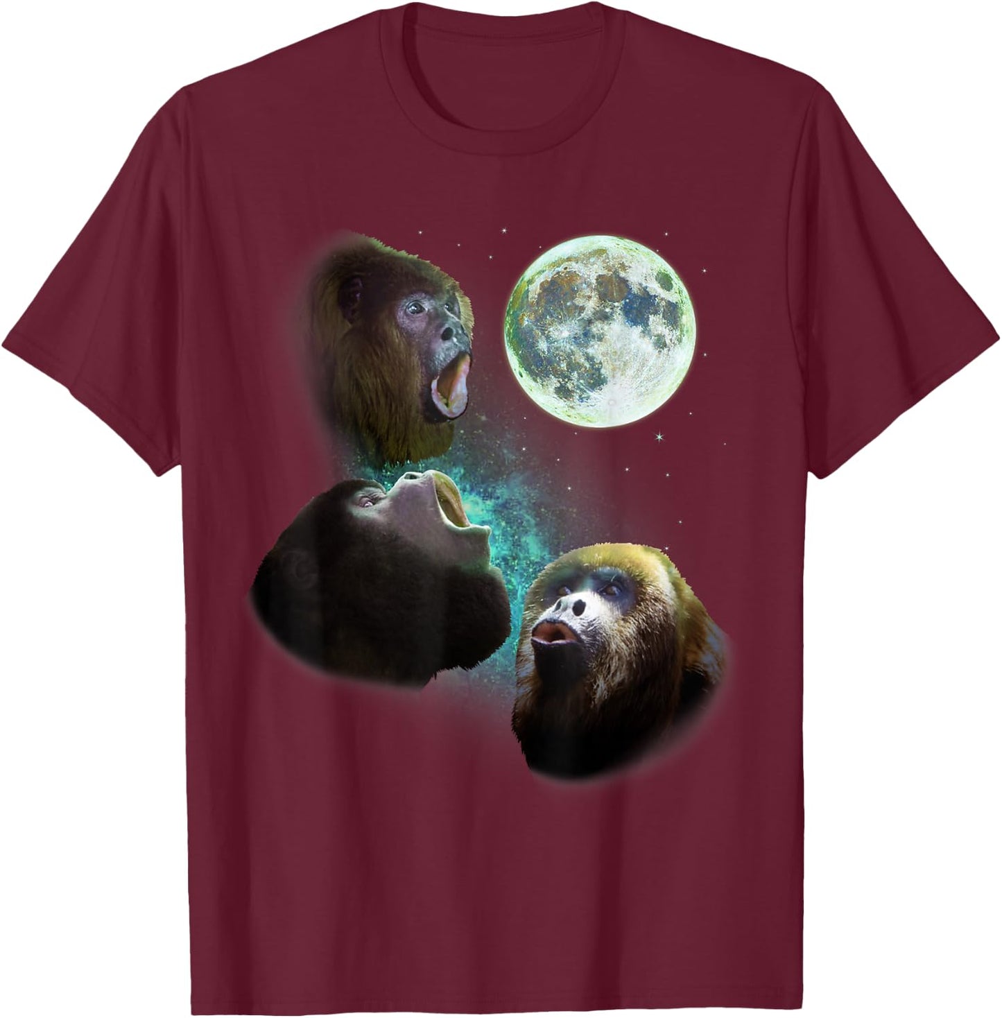 Three Howler Monkeys Howl At Moon 3 Wolfs Wolves Fun Parody T-Shirt - T-Shirt | Maroon