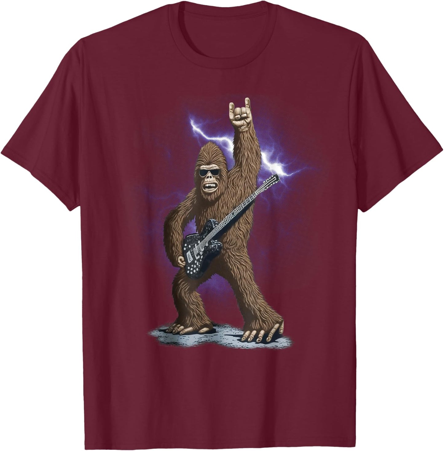 Rock And Roll Bigfoot Sasquatch Playing on guitar Sunglasses T-Shirt - T-Shirt | Maroon