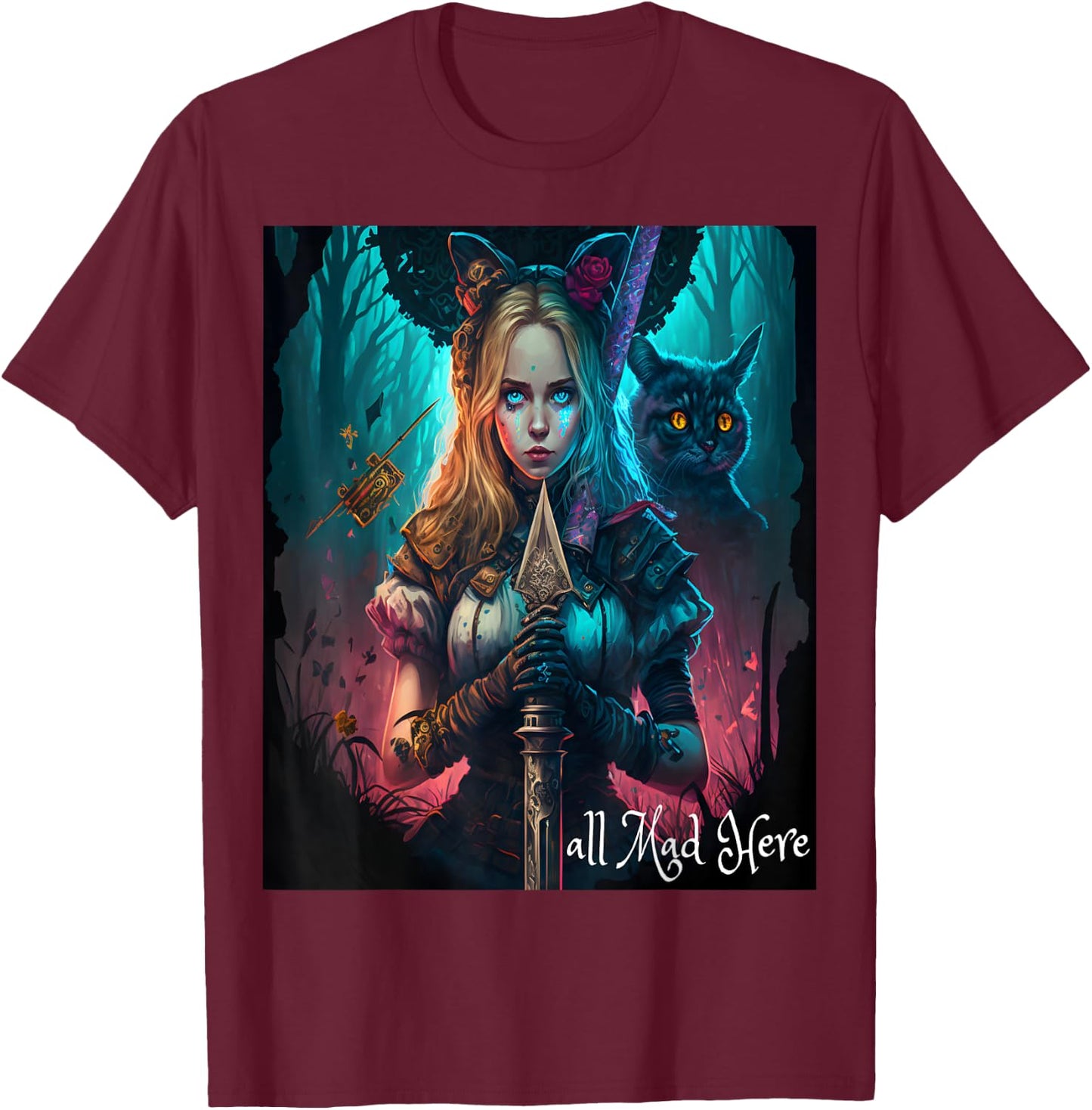 Alice in Wonderland Rabbit All Mad Here Mom Boys Girls Men T-Shirt - T-Shirt | Maroon
