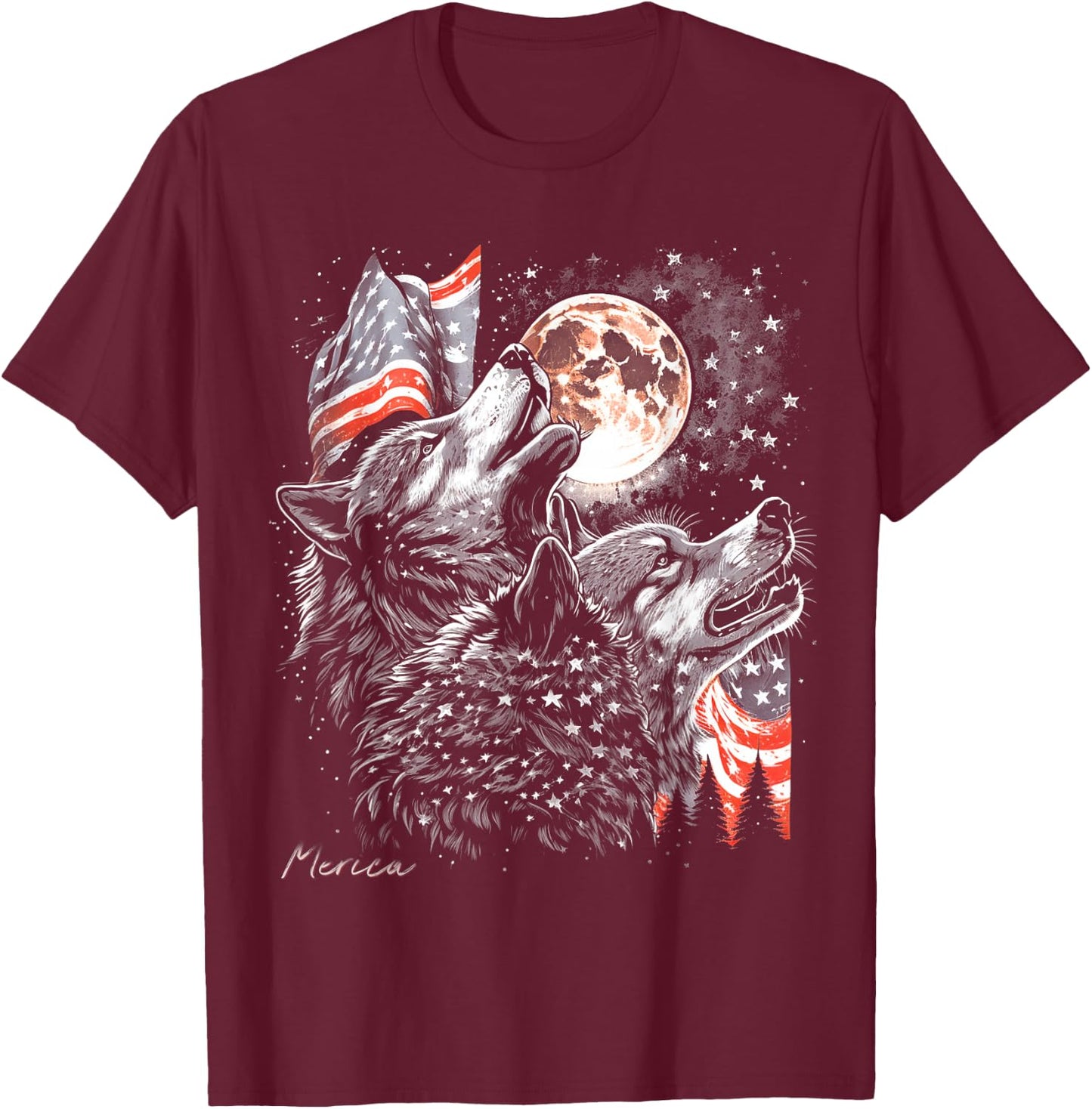 Wolf 4th of July American Flag Howling America Moon Funny T-Shirt - T-Shirt | Maroon