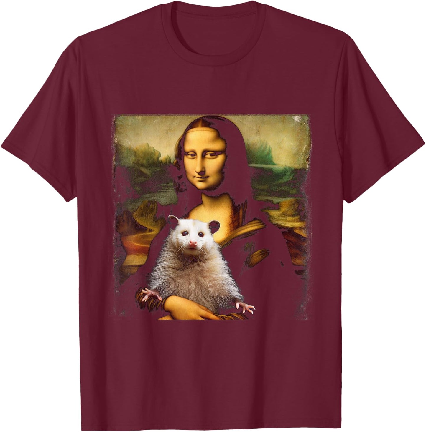 Funny Mona Lisa Holding an Opossum T-Shirt - T-Shirt | Maroon