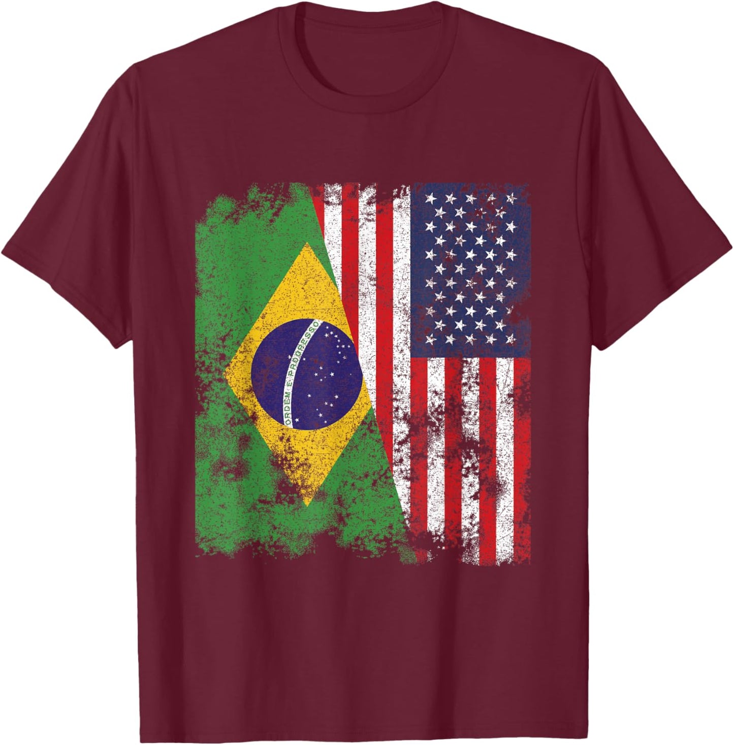 Brazil USA Flag Distressed - Half American T-Shirt - T-Shirt | Maroon