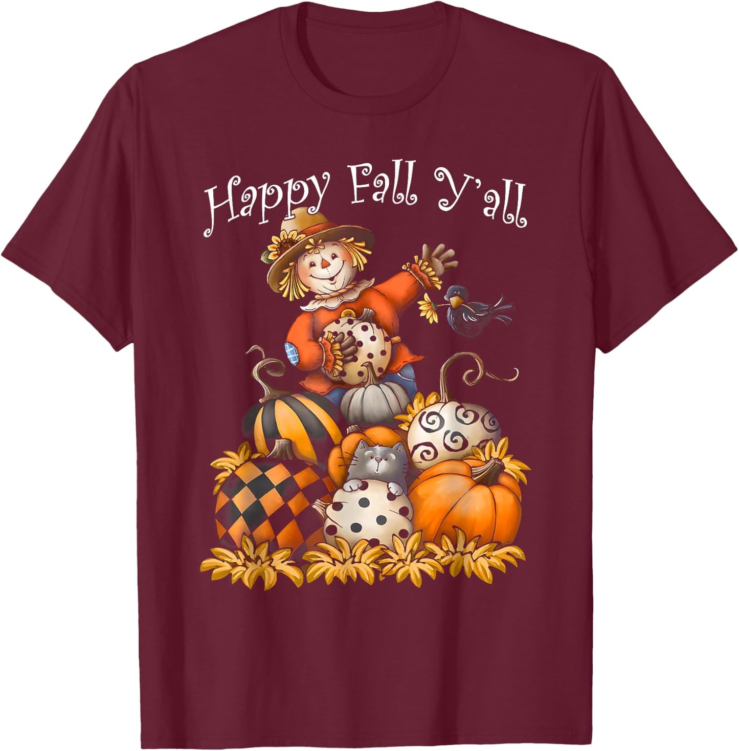 Scarecrow Happy Fall Y'all Pumpkin Thanksgiving Halloween T-Shirt - T-Shirt | Maroon