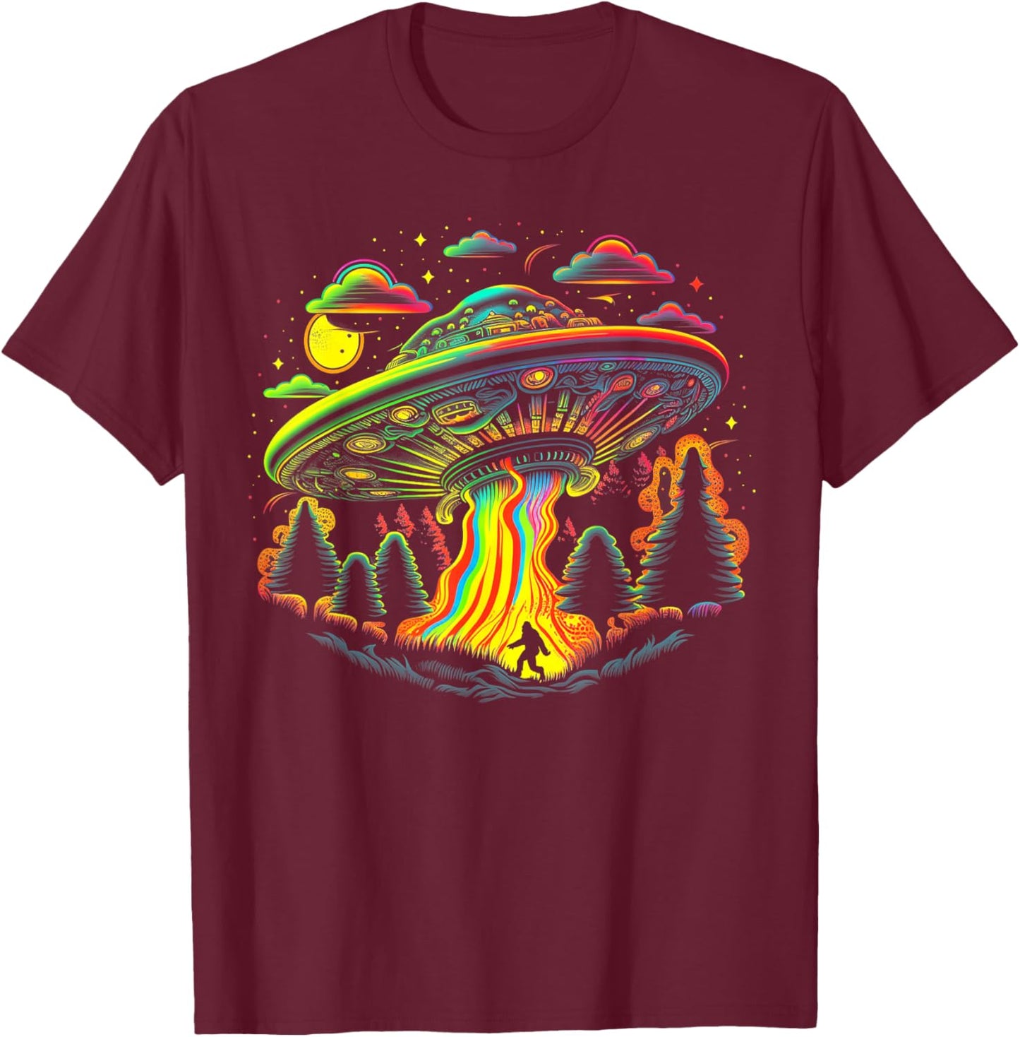 UFO Funny Bigfoot Retro Mushroom Vintage 60s 80s 70s Rainbow T-Shirt - T-Shirt | Maroon