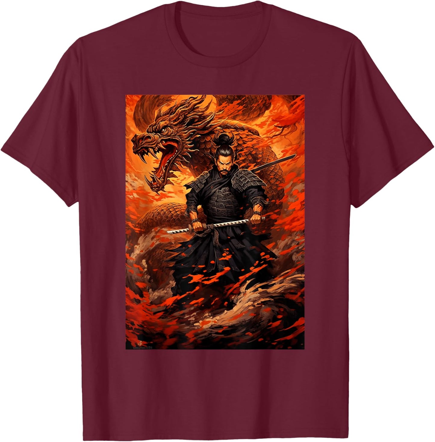 Samurai Conquers the Great Dragon - Bushido Spirit T-Shirt - T-Shirt | Maroon