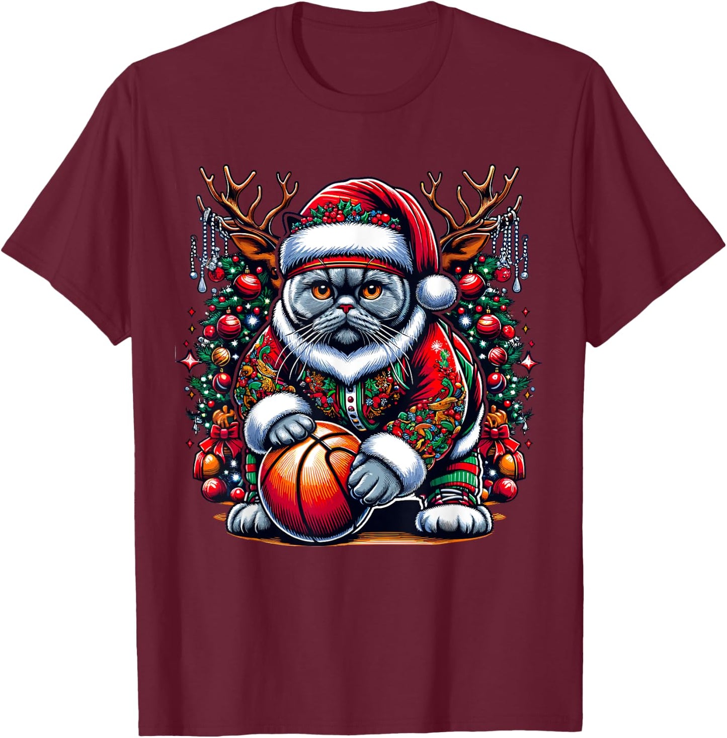 Funny Santa British Shorthair Cat Play Basketball Christmas T-Shirt - T-Shirt | Maroon
