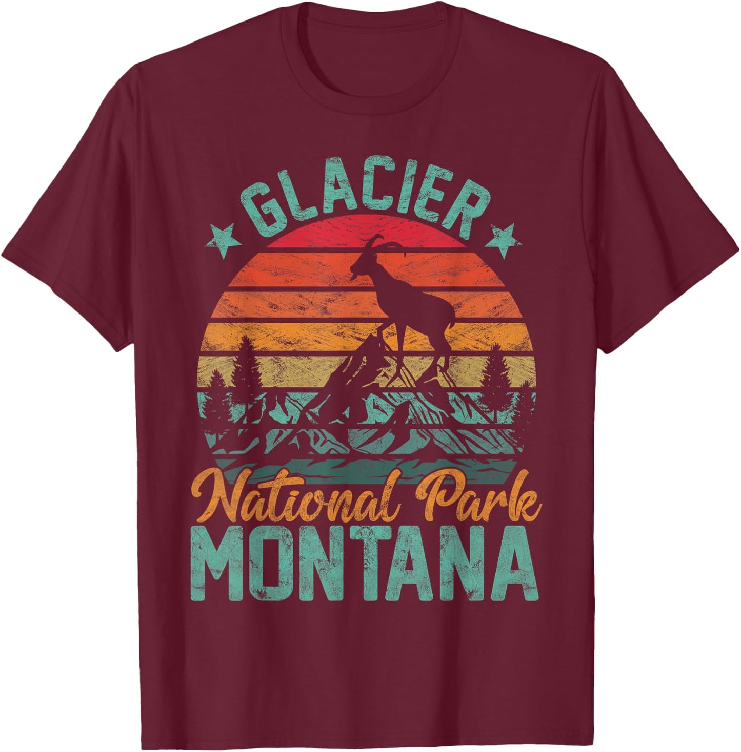 Glacier National Park Montana Moose Goat Hiking T-Shirt - T-Shirt | Maroon