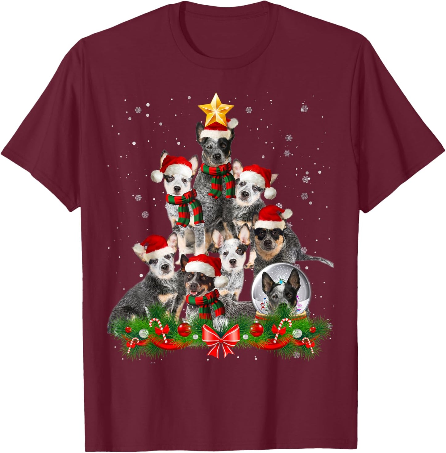 Funny Australian Cattle Dog Dog Christmas Tree - Black Adults Cotton Polyester Blend - Christmas, Halloween, Father's Day, Valentine's Day T-Shirt - T-Shirt | Maroon