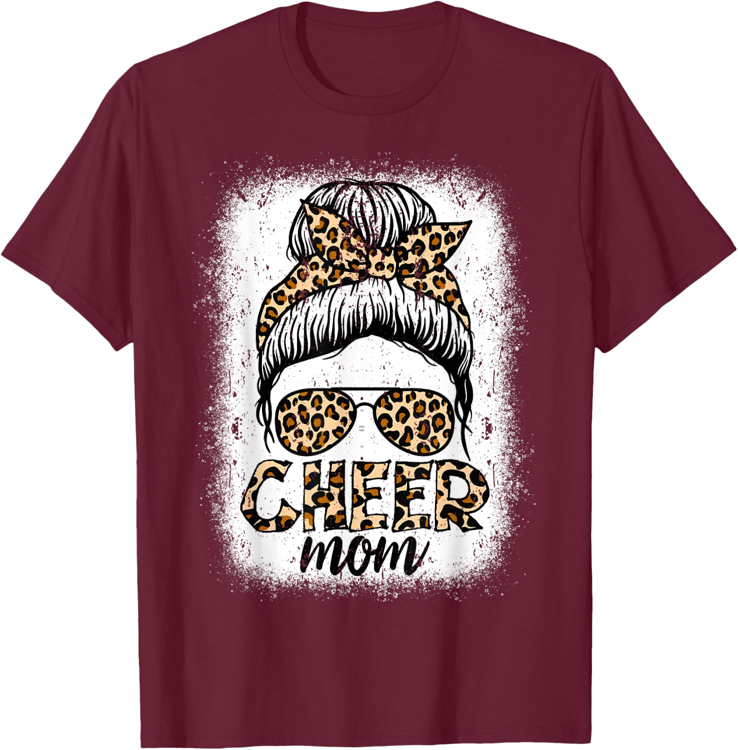 Messy Bun Cheer Mom Leopard Cheerleader Women Mothers Day T-Shirt - T-Shirt | Maroon